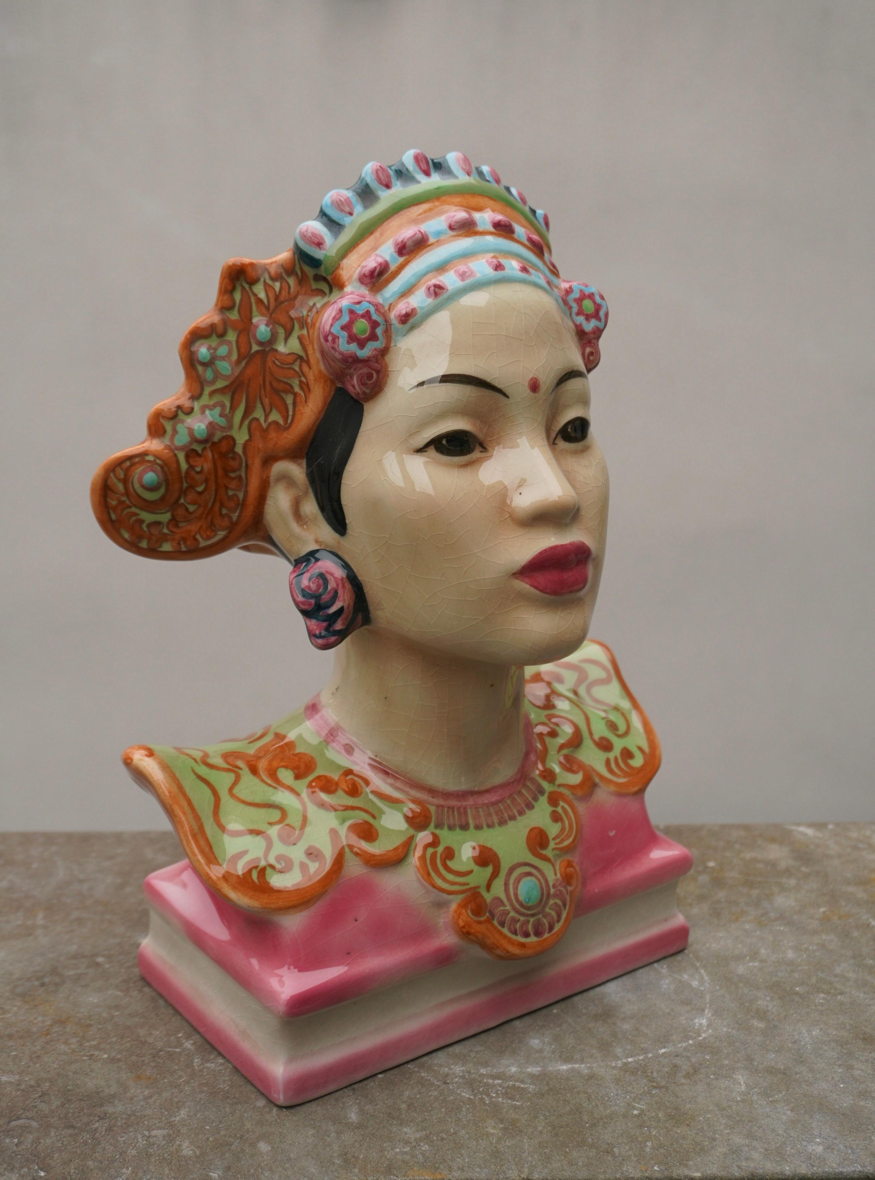 Hand-Crafted Goldscheider Polychrome Porcelain Bust of a Balinese Dancer by Helen Liedloff For Sale