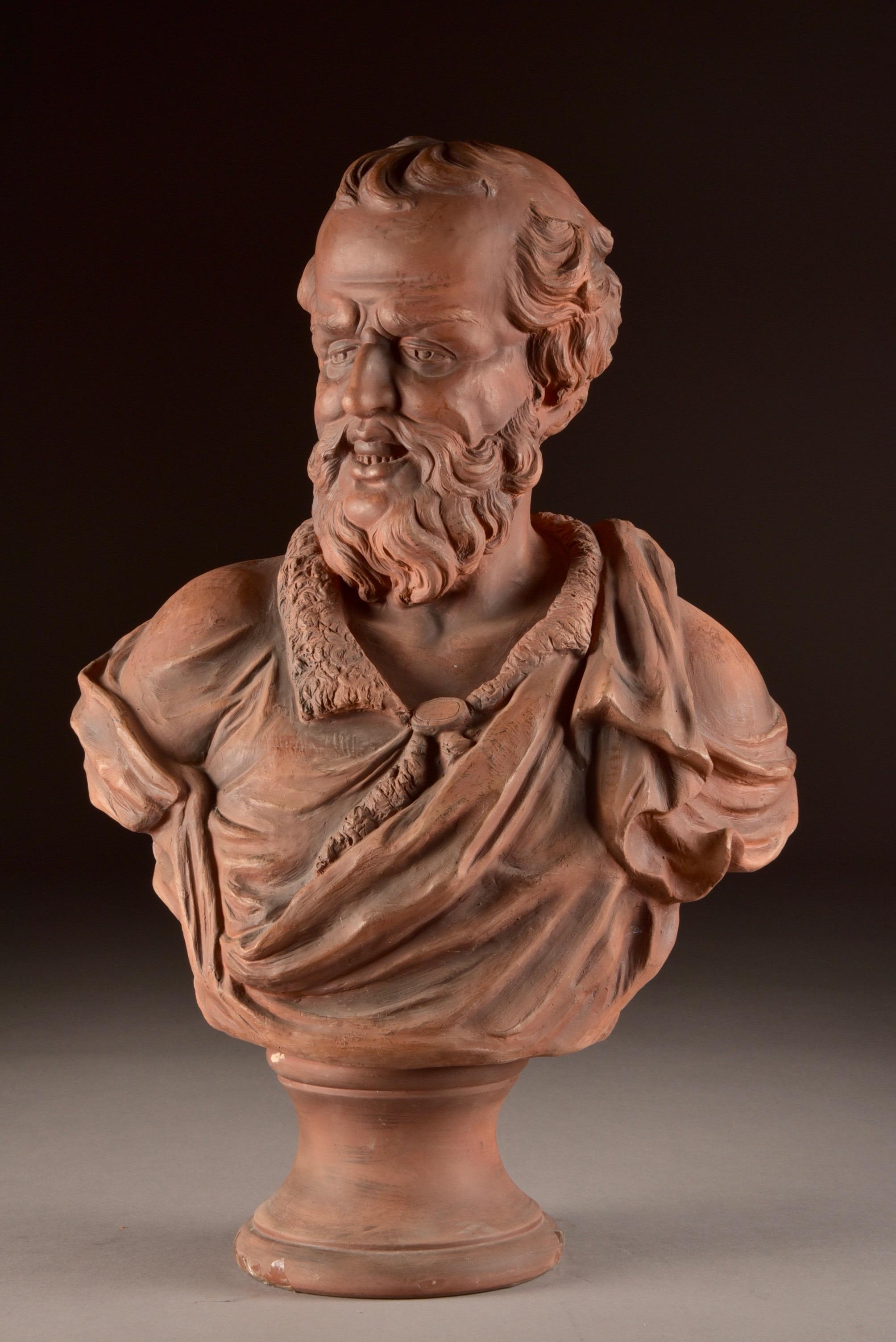 Goldscheider porcelain manufactory and Majolica factory, sculpture, large bust of a man with a beard, 53 cm (1), terracotta, circa 1900
Vienna, Austria

Dimensions: 53 × 36 × 23 cm, weight: 5.1 kg.
  