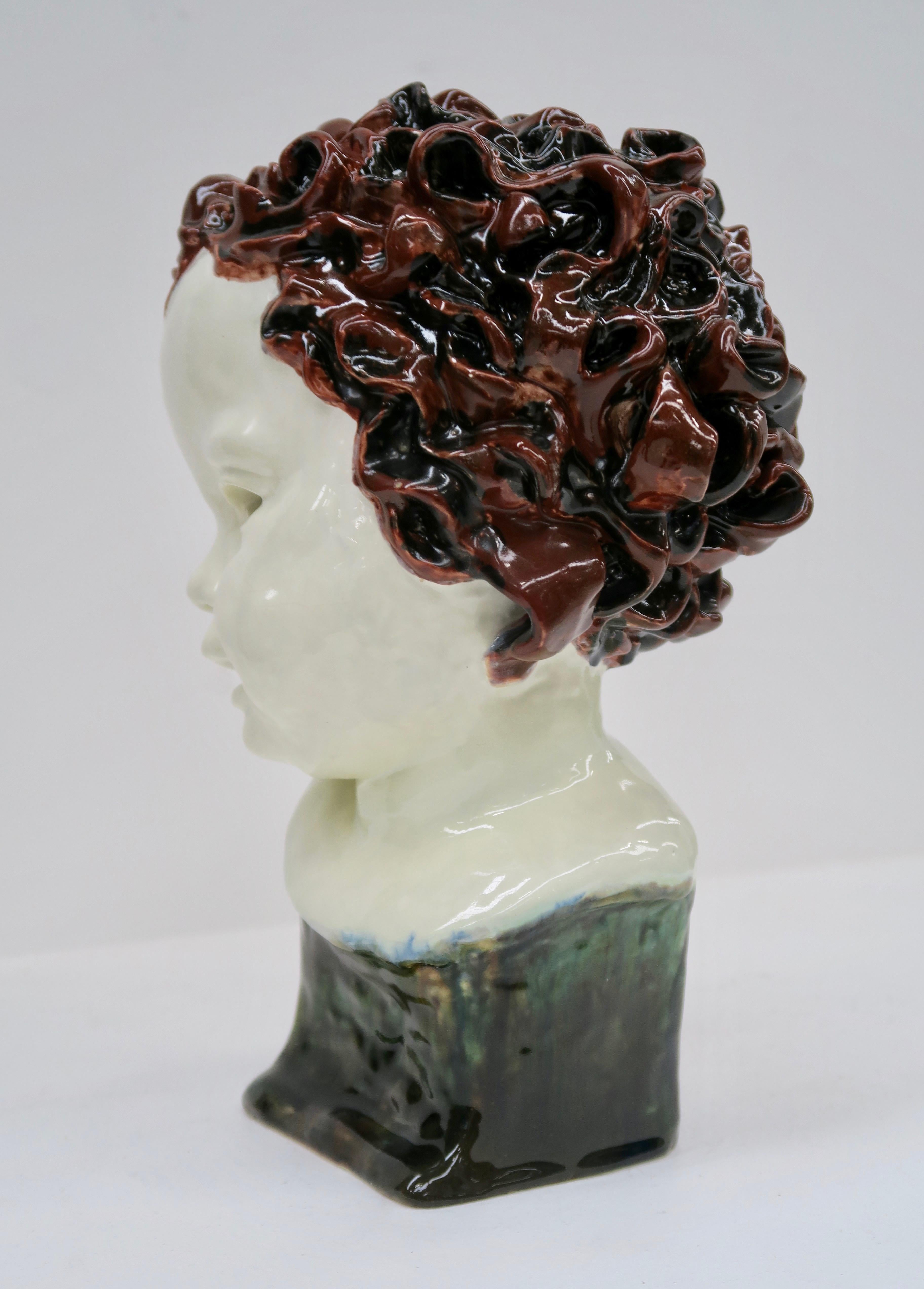Enameled Goldscheider Unique Child Head Sculpture, Signed and Dated from 1923 For Sale