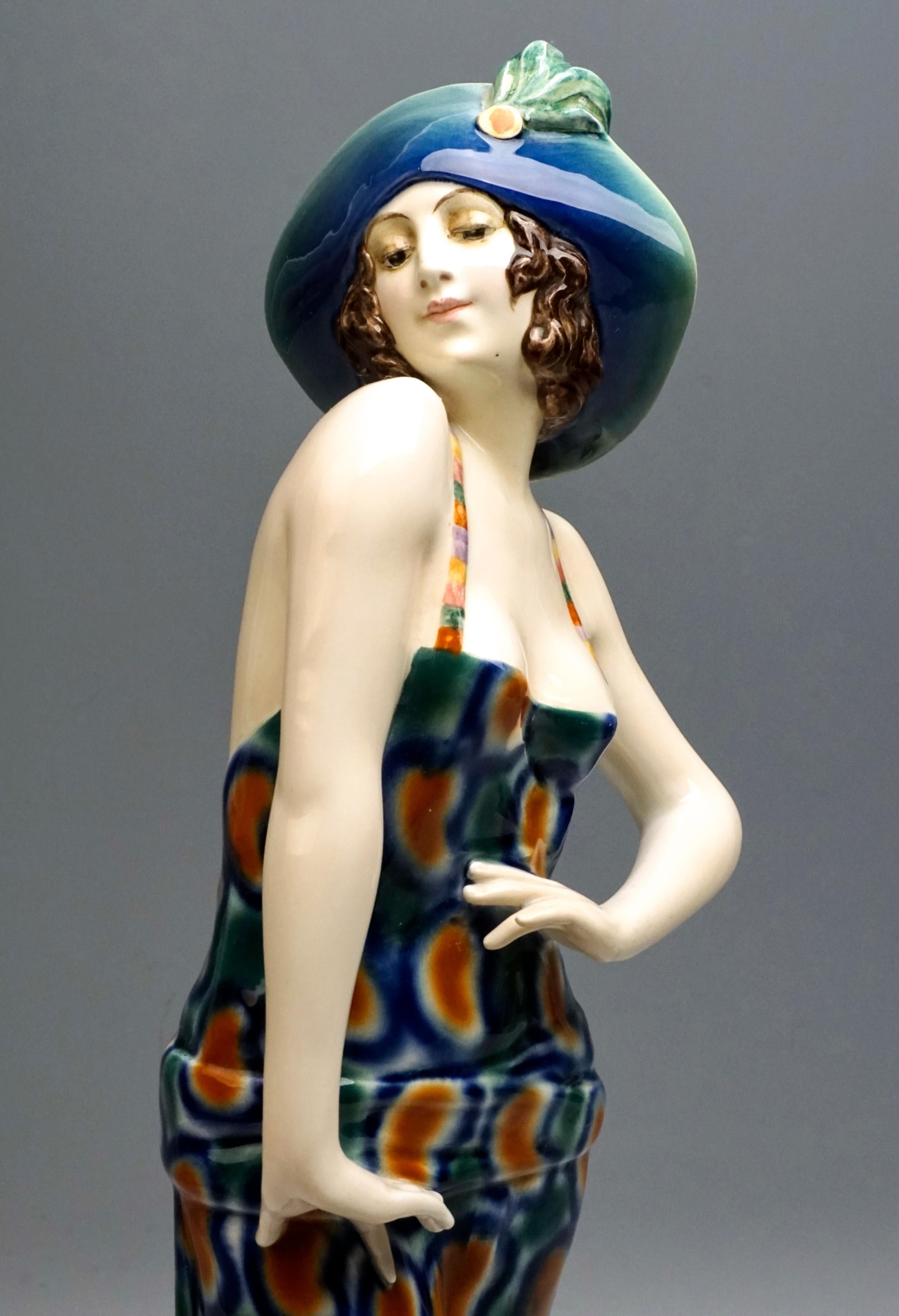 Austrian Goldscheider Vienna Art Deco Dancer with Hat in a Pose, Josef Lorenzl circa 1925