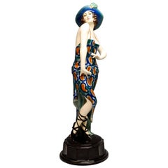 Antique Goldscheider Vienna Art Deco Dancer with Hat in a Pose, Josef Lorenzl circa 1925