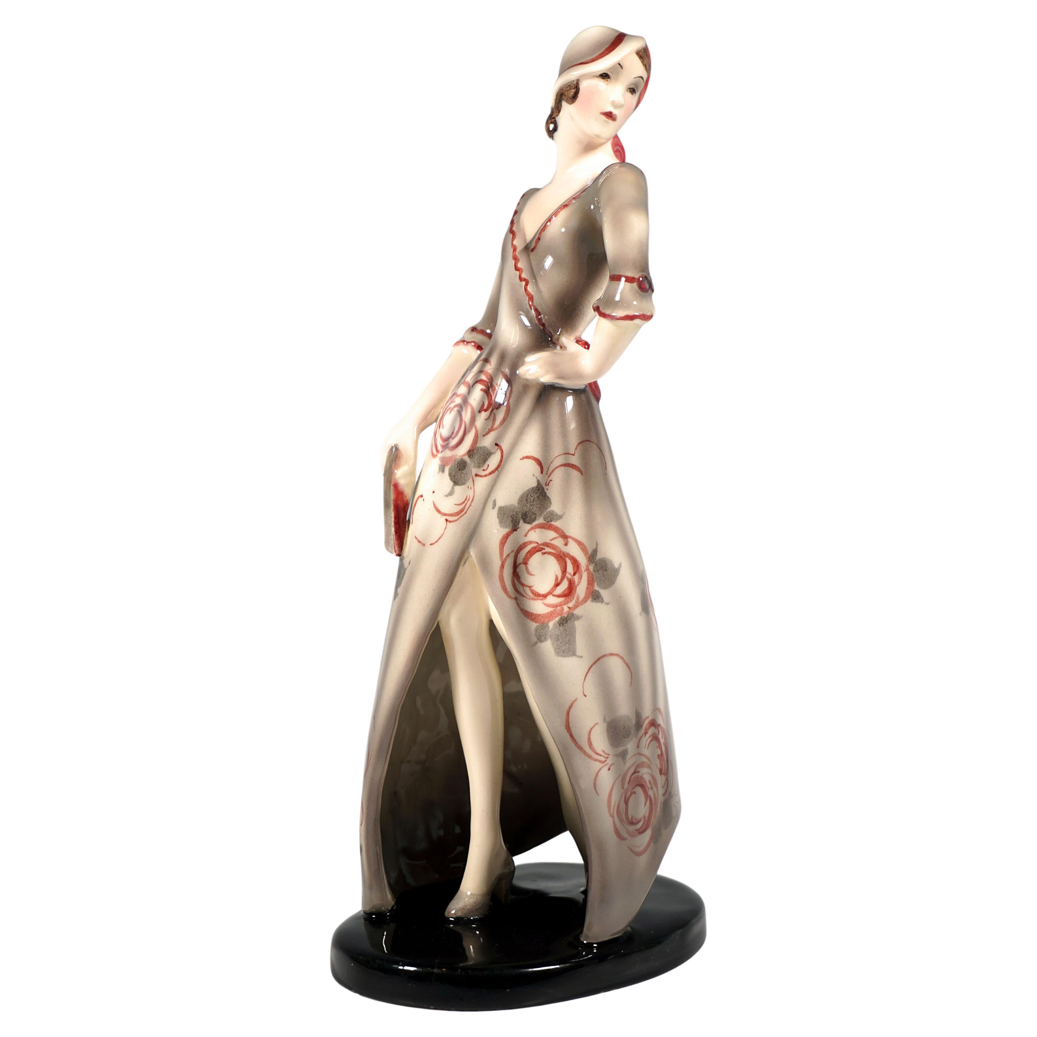 Goldscheider Vienna Art Déco Figure Elegant Lady Posing, By Claire Weiss, c 1931 For Sale