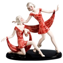 Vintage Goldscheider Vienna Art Deco Figure Group 'Twin Dancers' by Stephan Dakon, 1940