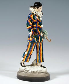 Goldscheider Vienna Art Déco Figure Arlequin avec Umbrella By Haniroff, Ca 1922