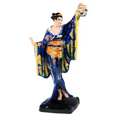 Goldscheider Vienna Art Déco Figure, femme japonaise avec lampion, Lorenzl, c1930