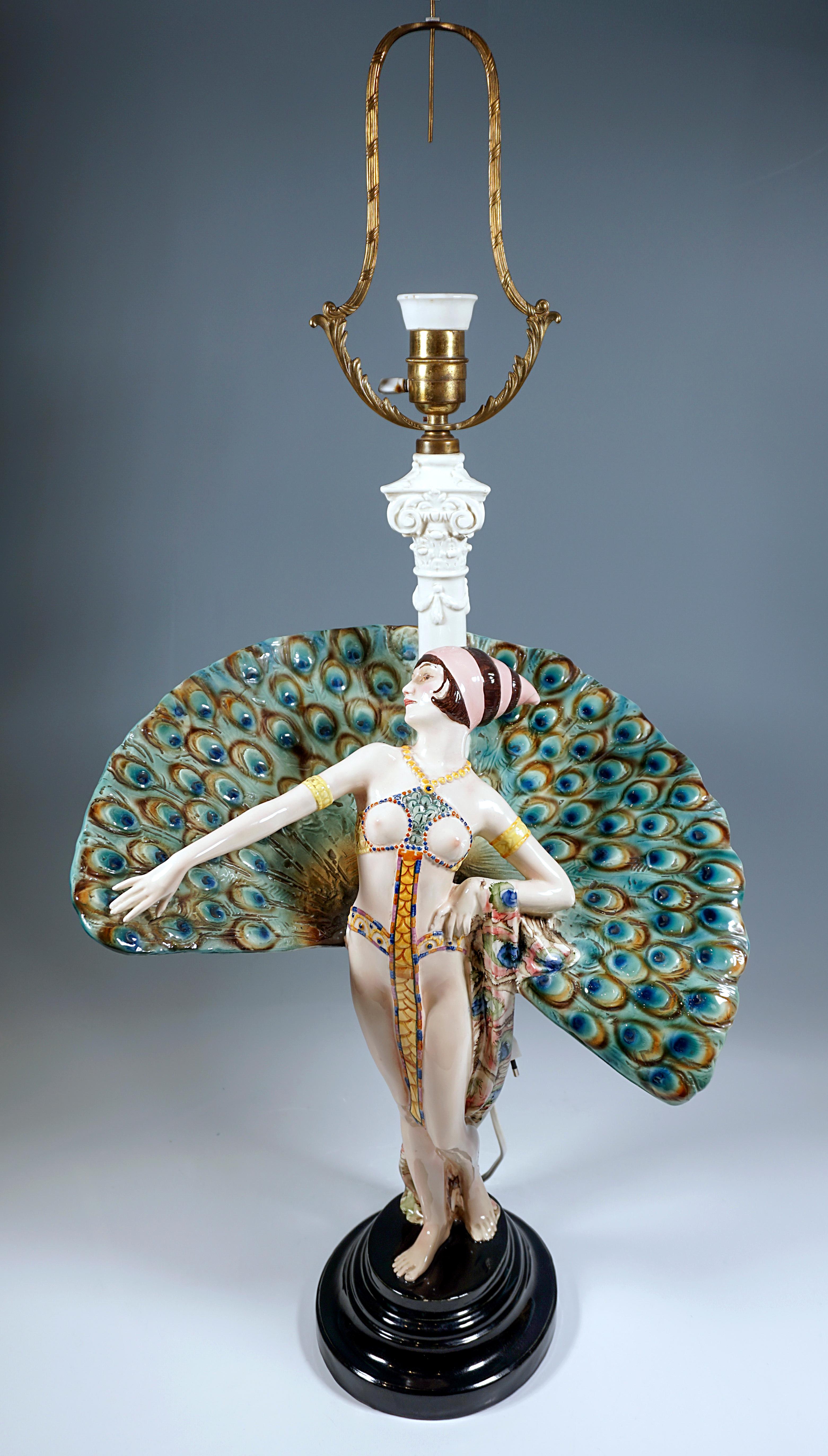 Goldscheider Vienna Art-Déco Figure & Lamp, 'Peacock Dancer', by Paul Philippe 3
