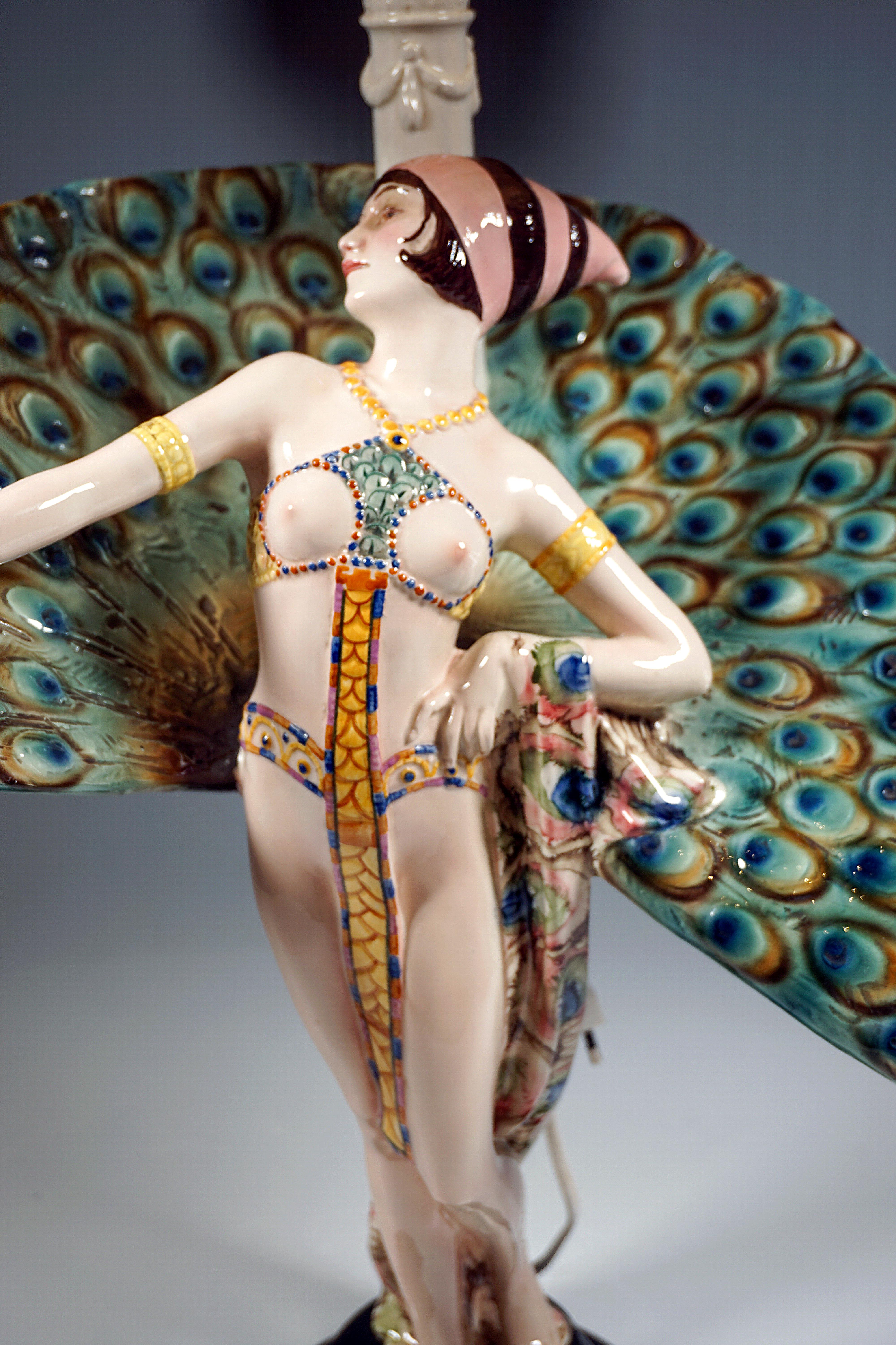 Hand-Crafted Goldscheider Vienna Art-Déco Figure & Lamp, 'Peacock Dancer', by Paul Philippe