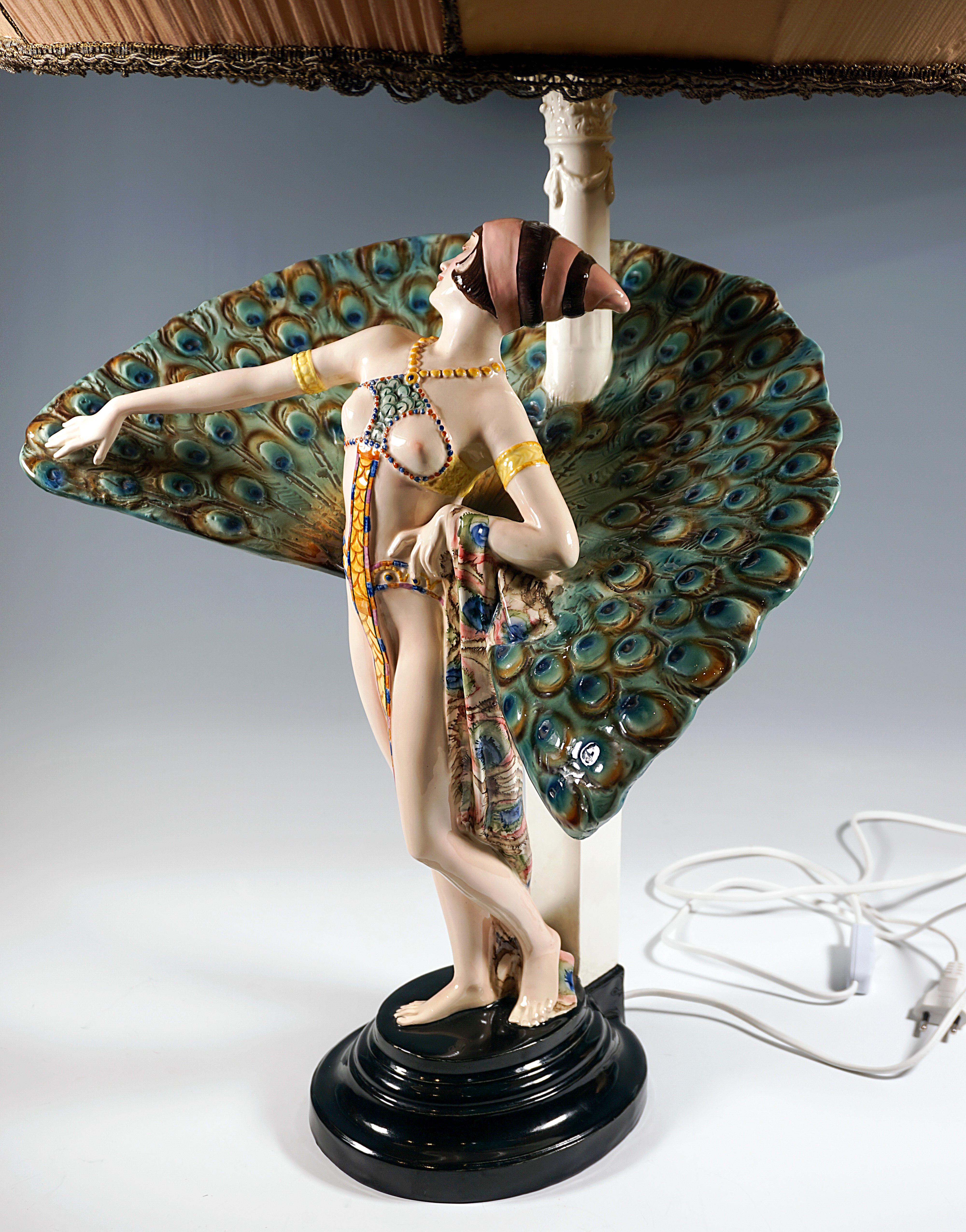 Early 20th Century Goldscheider Vienna Art-Déco Figure & Lamp, 'Peacock Dancer', by Paul Philippe