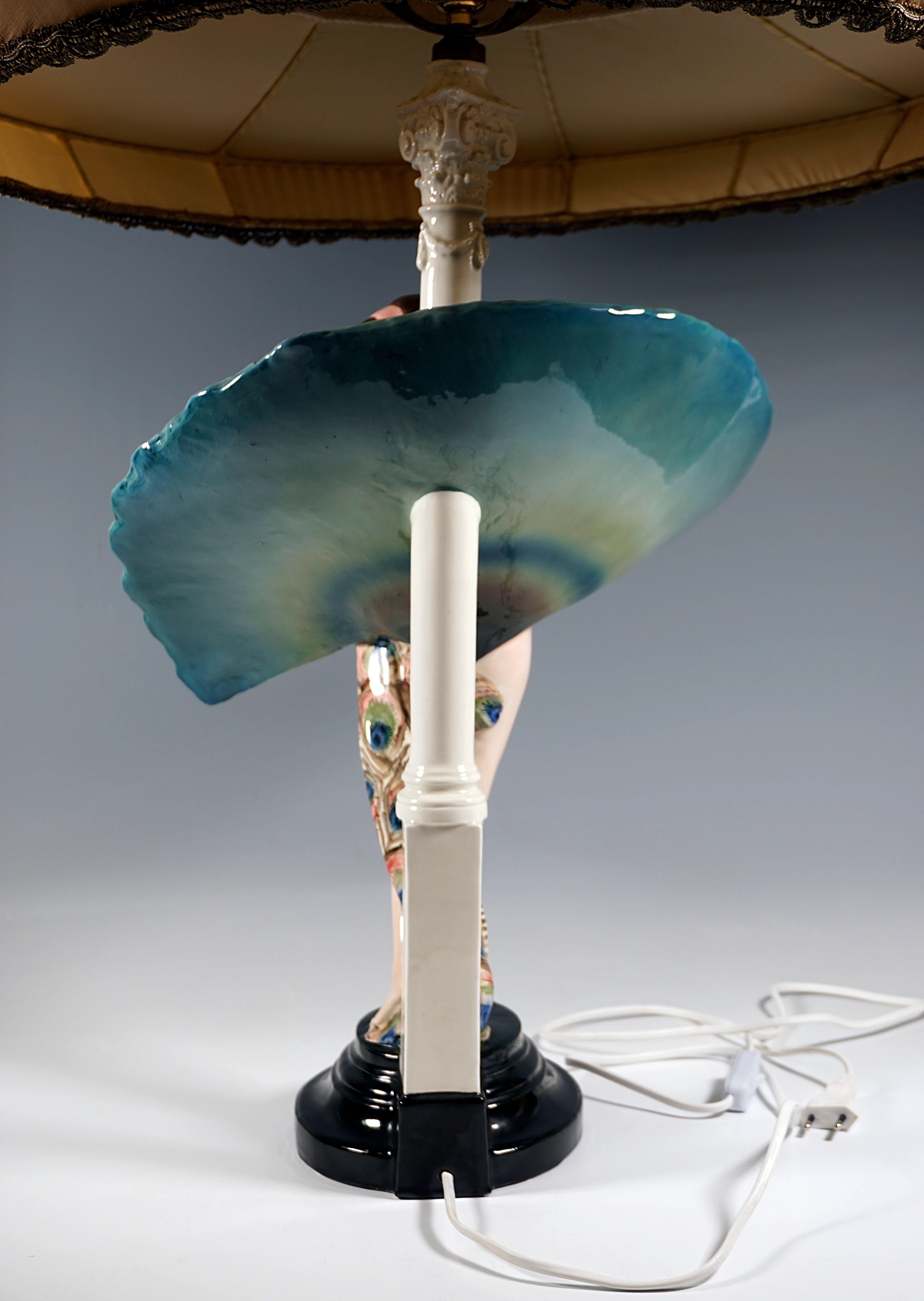 Ceramic Goldscheider Vienna Art-Déco Figure & Lamp, 'Peacock Dancer', by Paul Philippe