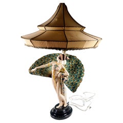 Antique Goldscheider Vienna Art-Déco Figure & Lamp, 'Peacock Dancer', by Paul Philippe