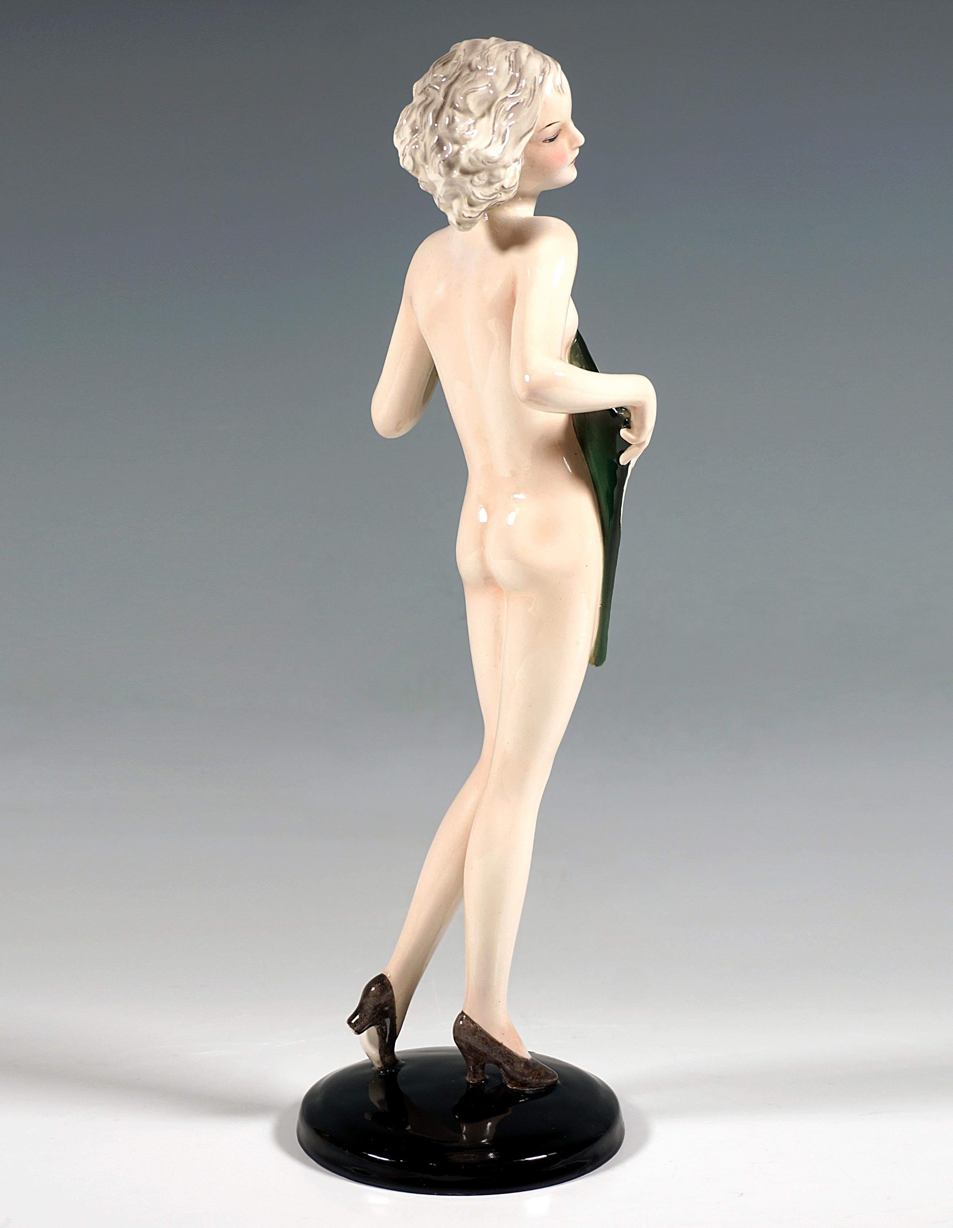 Austrian Goldscheider Vienna Art Déco Figure 'Nude With Fan', by Josef Lorenzl Ca. 1936 For Sale