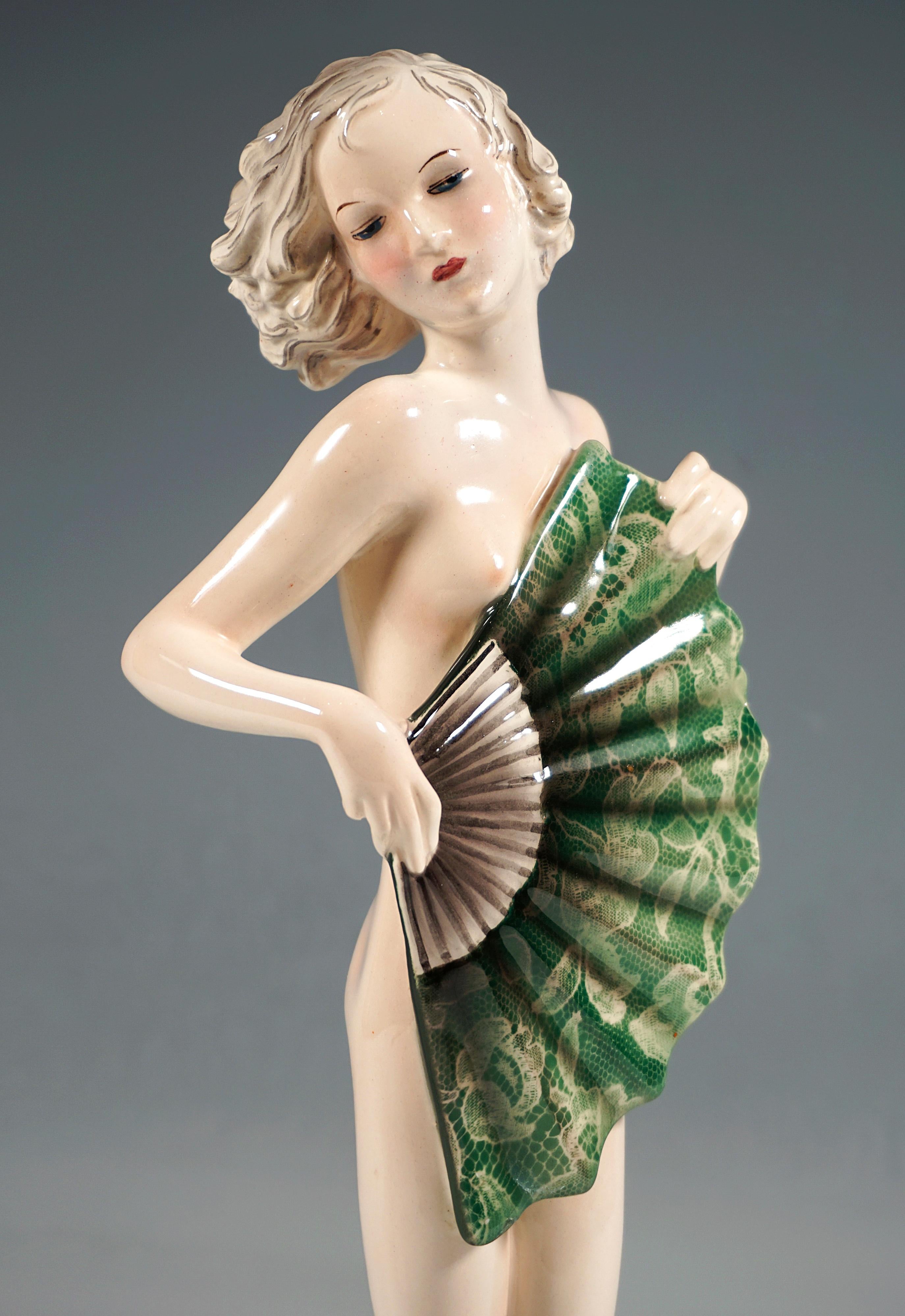 Hand-Crafted Goldscheider Vienna Art Déco Figure 'Nude With Fan', by Josef Lorenzl Ca. 1936 For Sale