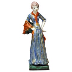 Goldscheider Vienna Art Deco Lady Clad in Long Blue Dress Model 6801, circa 1933