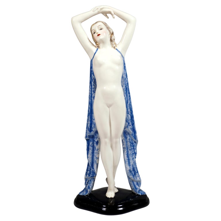 Goldscheider Vienna Balancing Nude With Lace Cape by Josef Lorenzl, circa 1939 For Sale