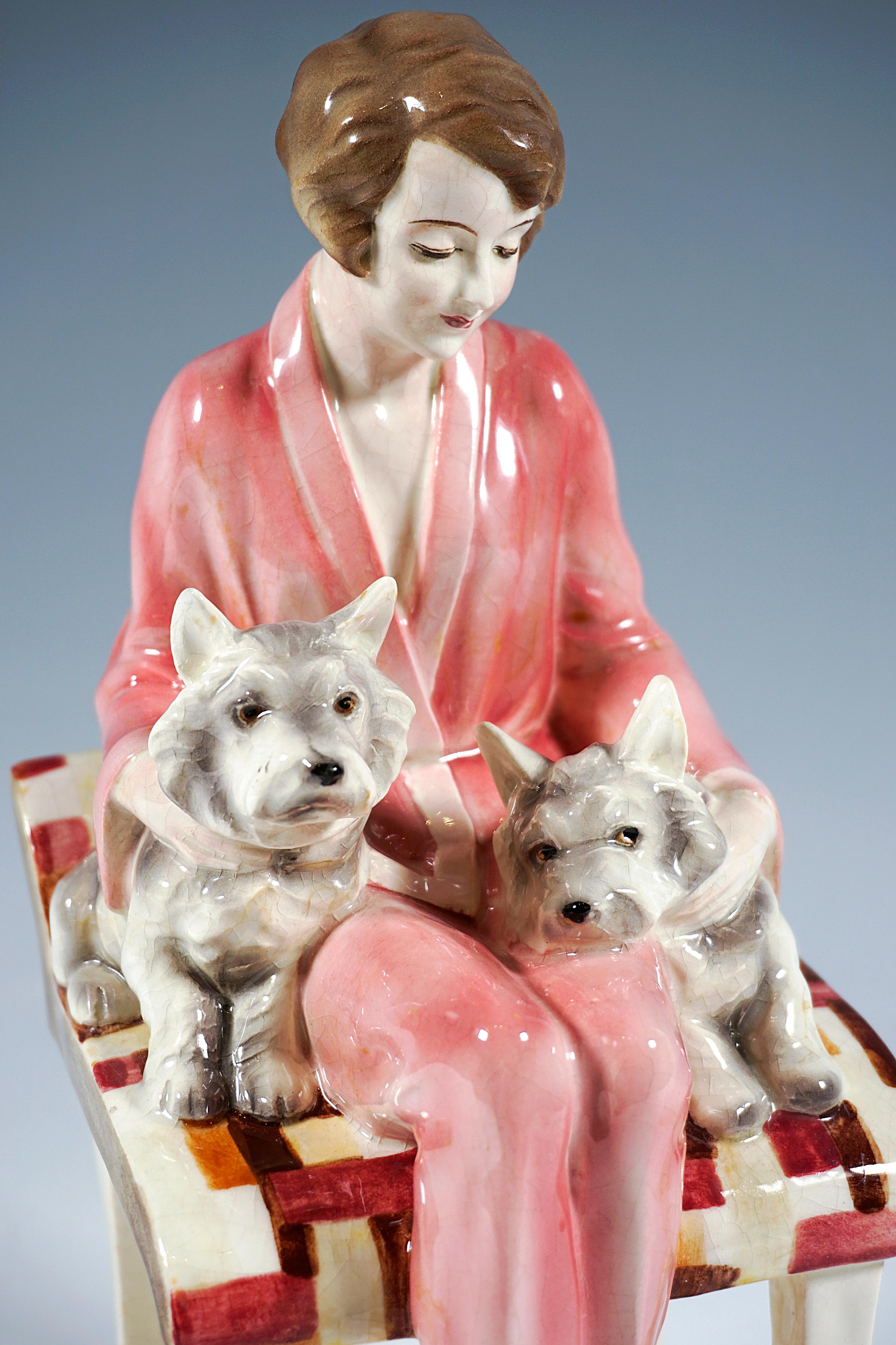 Hand-Crafted Goldscheider Vienna Ceramic Sitting Lady With Two Terriers by Josef Lorenzl 1930 For Sale