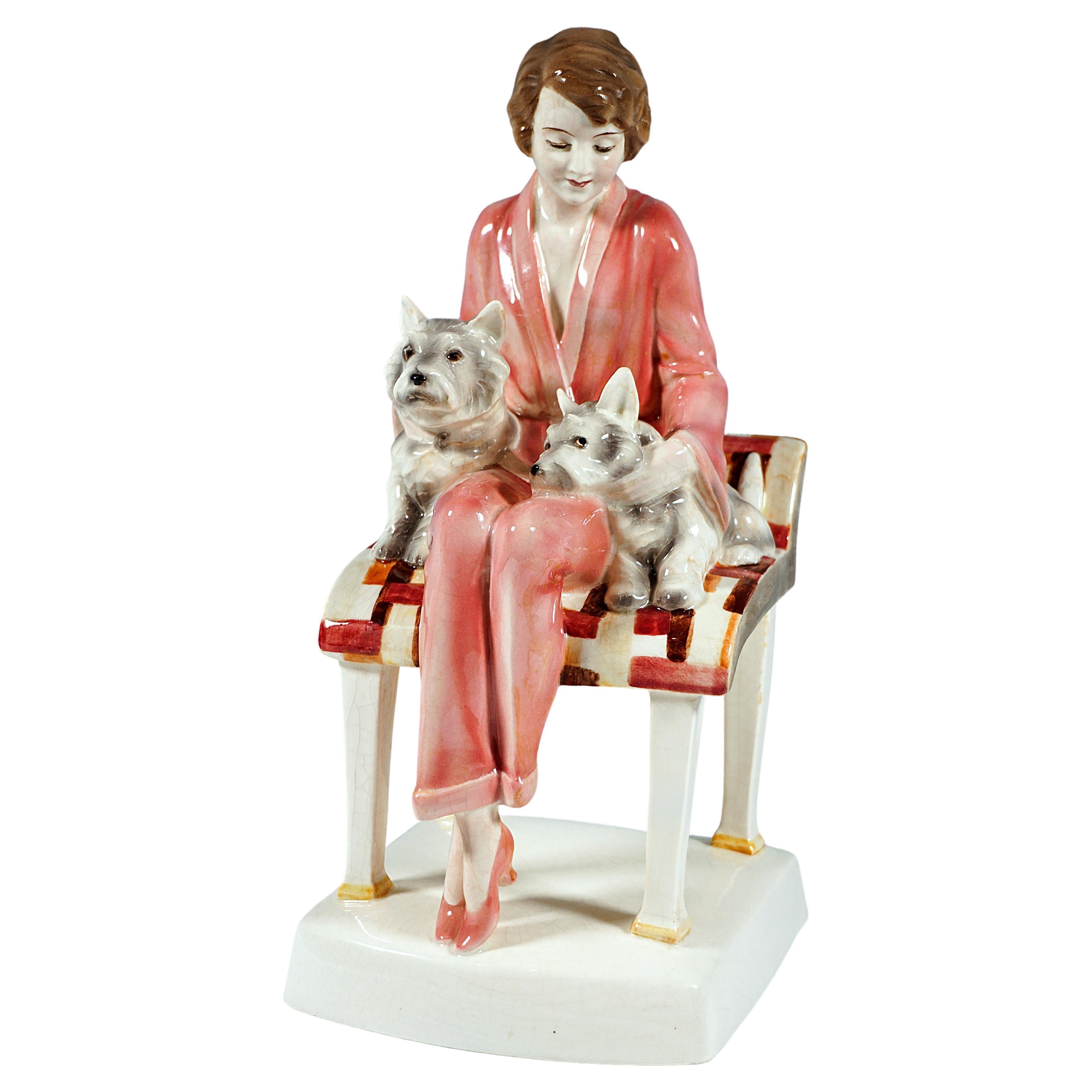 Goldscheider Vienna Ceramic Sitting Lady With Two Terriers by Josef Lorenzl 1930