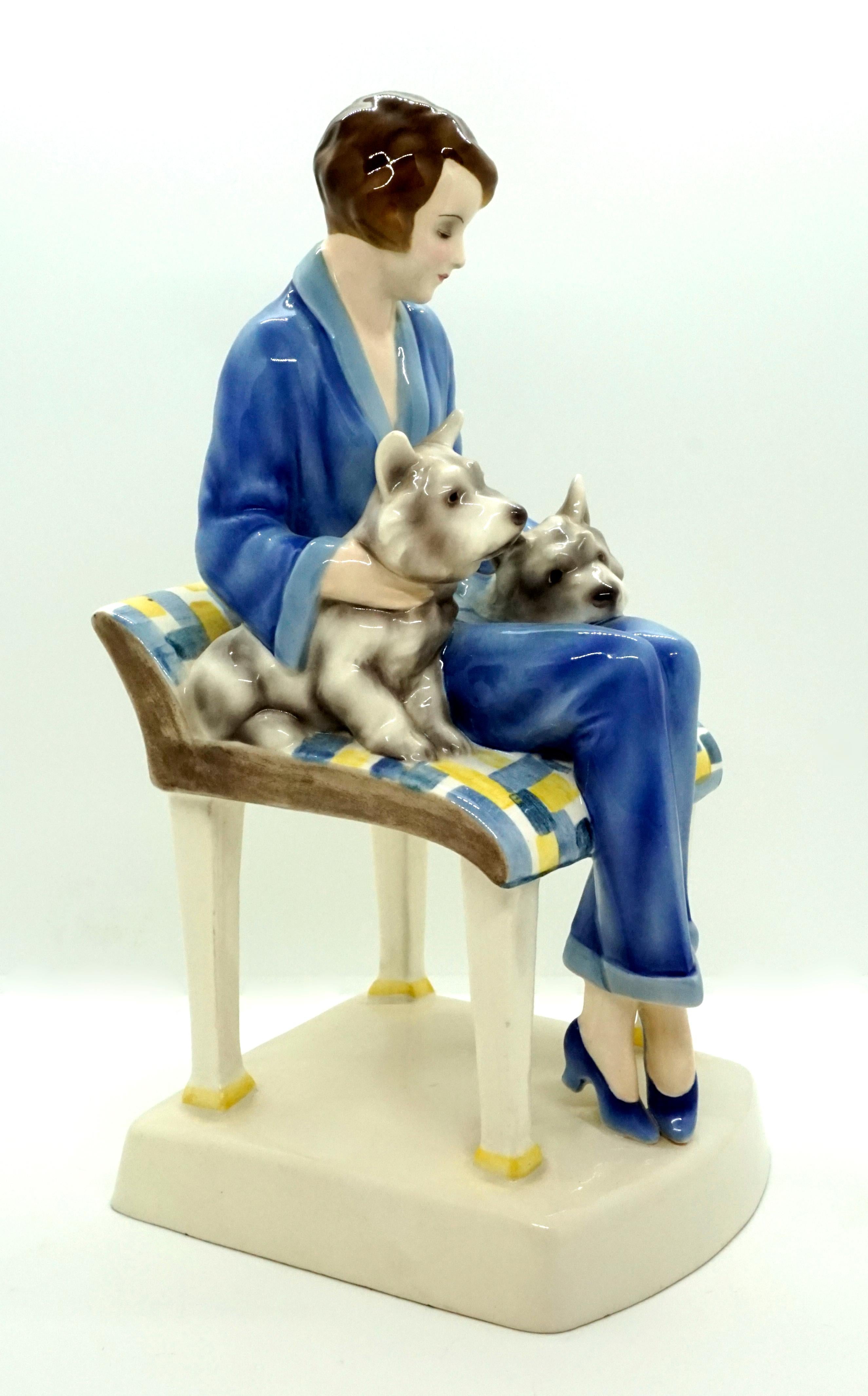 Art Deco Goldscheider Vienna Ceramics Sitting Lady with Two Dogs by Josef Lorenzl 1930 For Sale