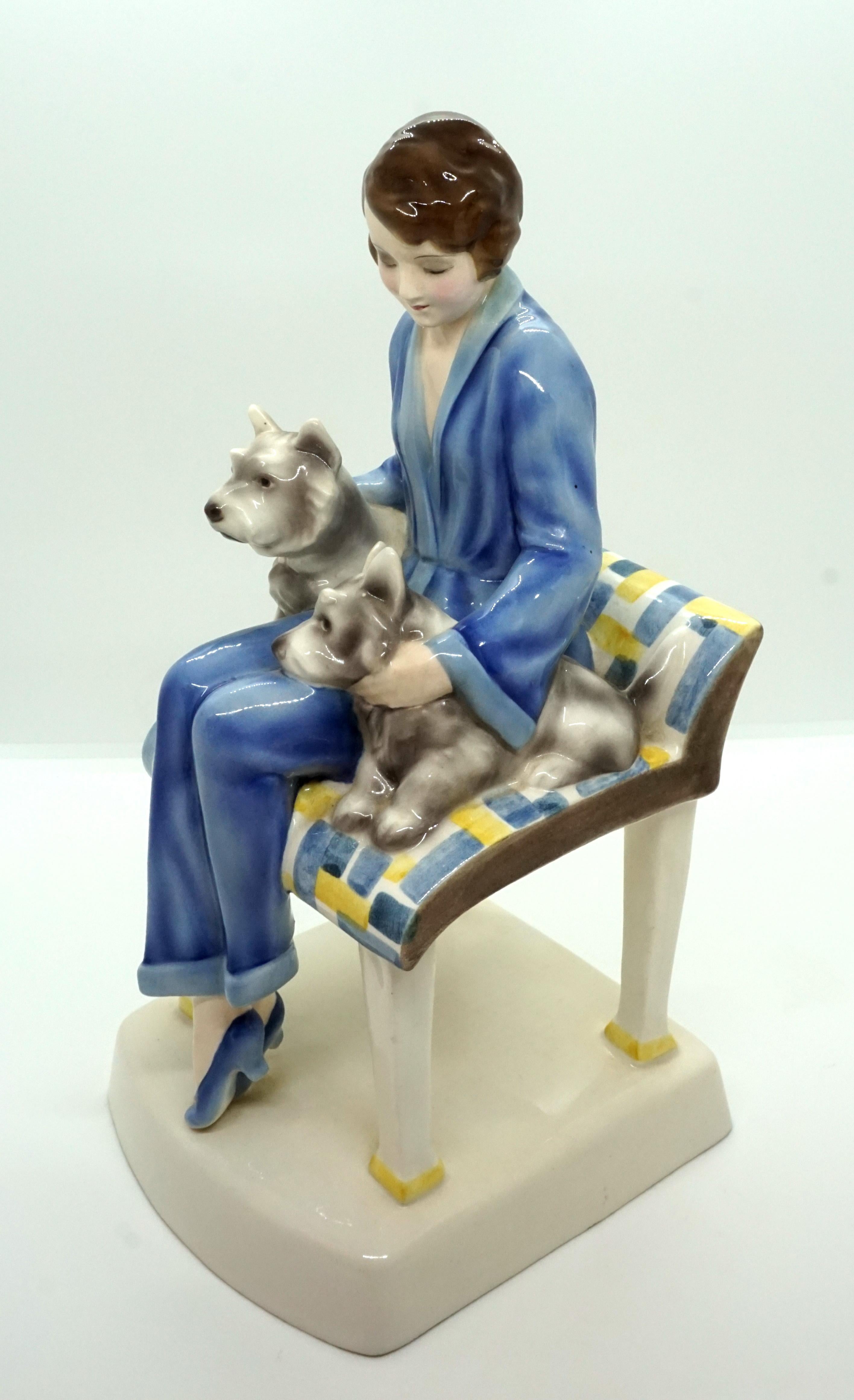 Mid-20th Century Goldscheider Vienna Ceramics Sitting Lady with Two Dogs by Josef Lorenzl 1930 For Sale