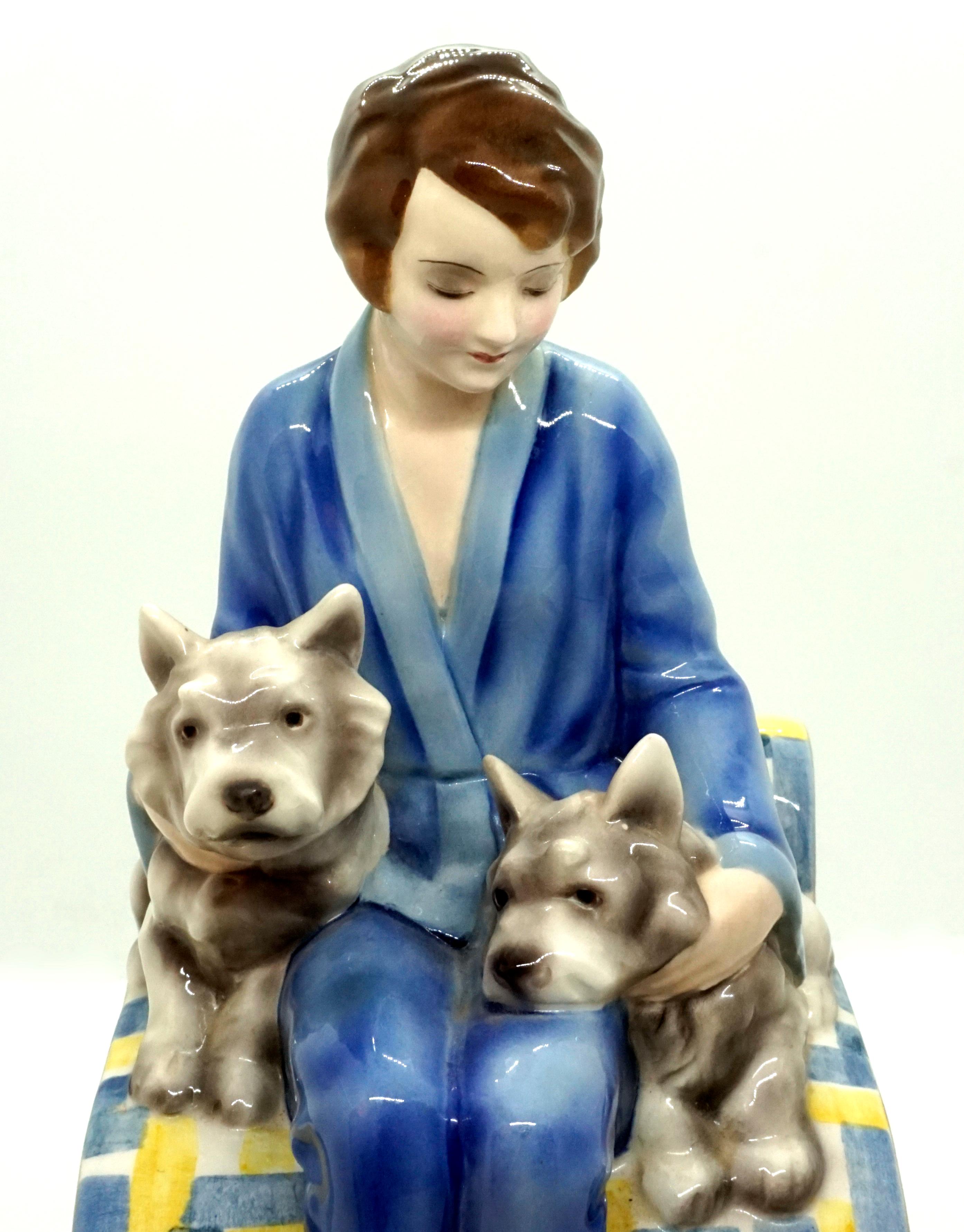 Goldscheider Vienna Ceramics Sitting Lady with Two Dogs by Josef Lorenzl 1930 For Sale 1