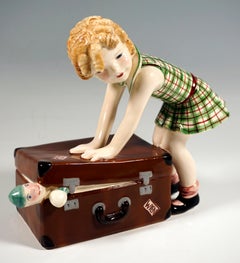 Goldscheider Vienna Child Figurine, Little Girl with Suitcase, by Dakon, C. 1937
