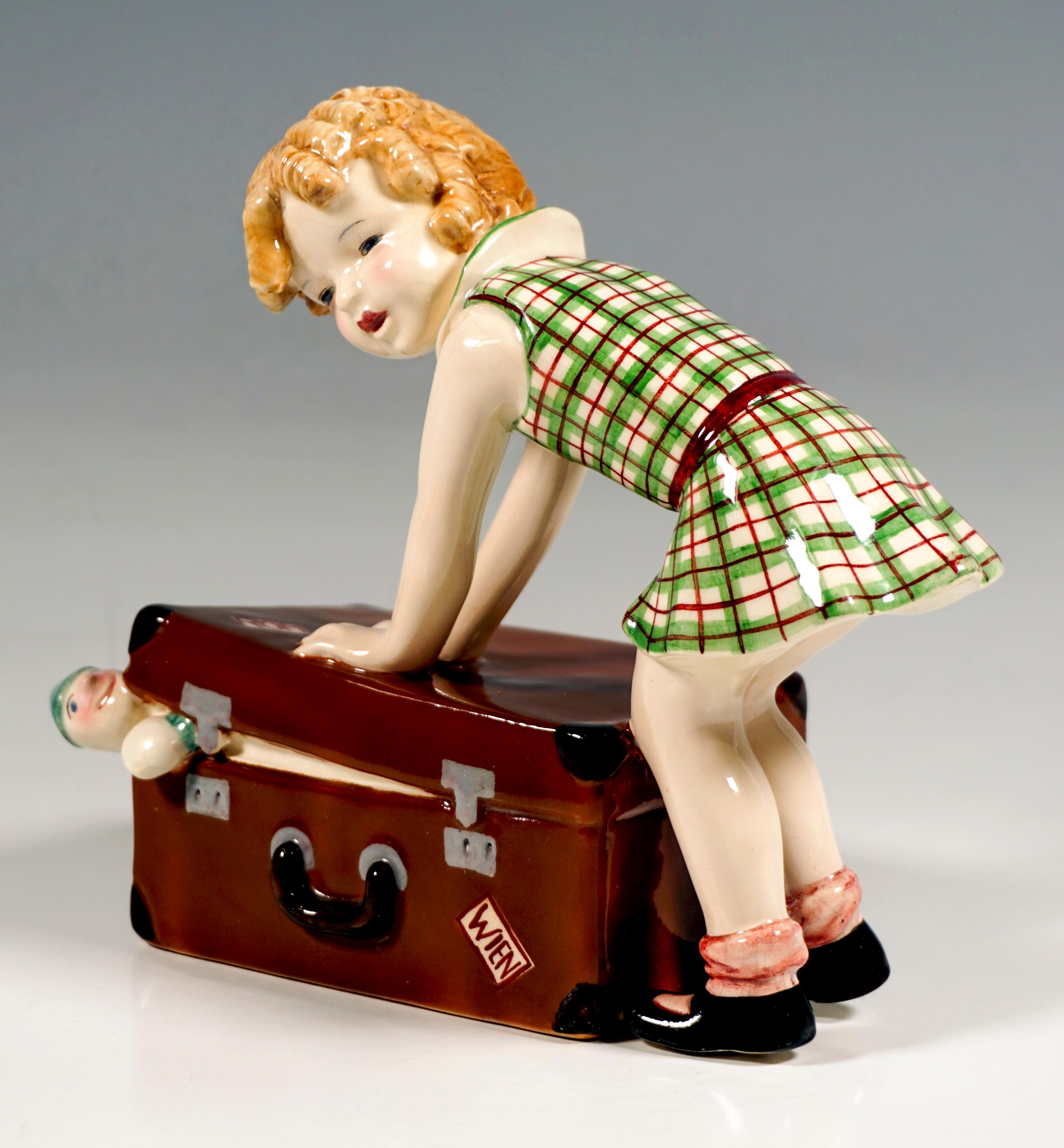 Art Deco Goldscheider Vienna Child Figurine, Little Girl with Suitcase, by Dakon, C. 1937 For Sale