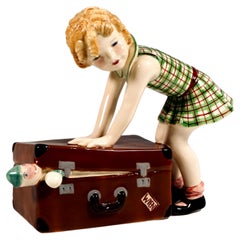 Goldscheider Vienna Child Figurine, Little Girl with Suitcase, by Dakon, C. 1937