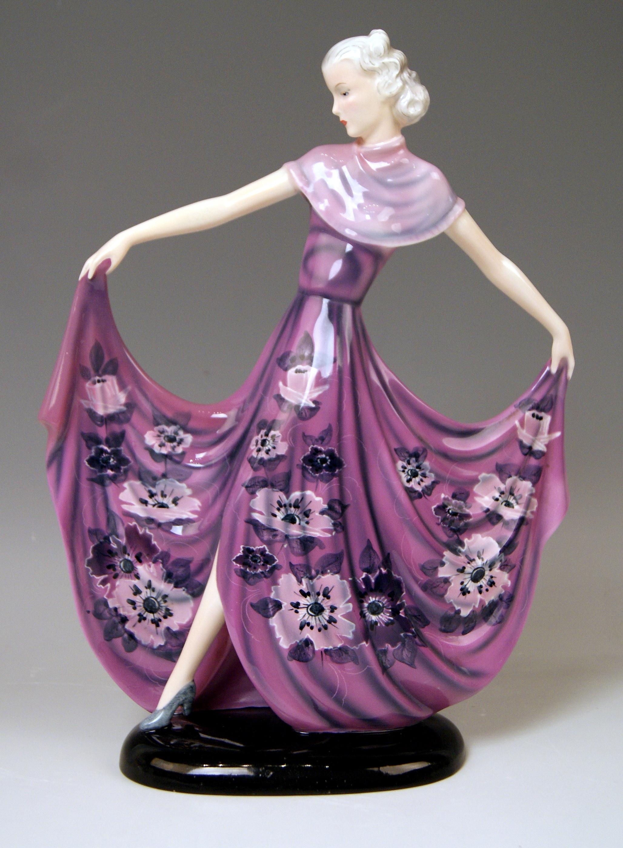 Goldscheider Vienna dancing lady wearing rarely painted dress, decorated with nicest stylized flowers' pattern: This figurine - called 