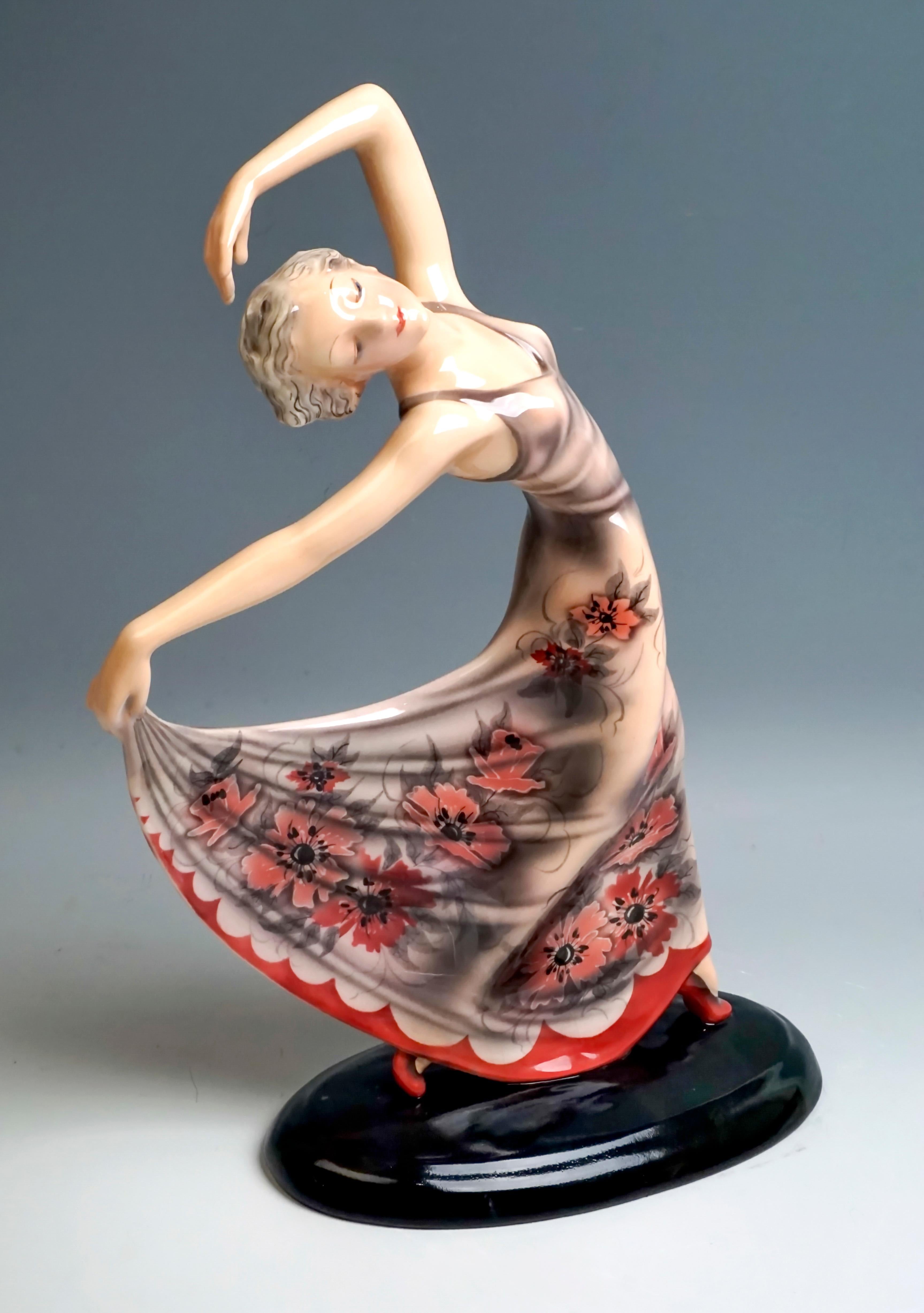 Goldscheider Wiener Tänzerin in Pose in einem Mohnkleid von Josef Lorenzl, um 1938 (Art déco)