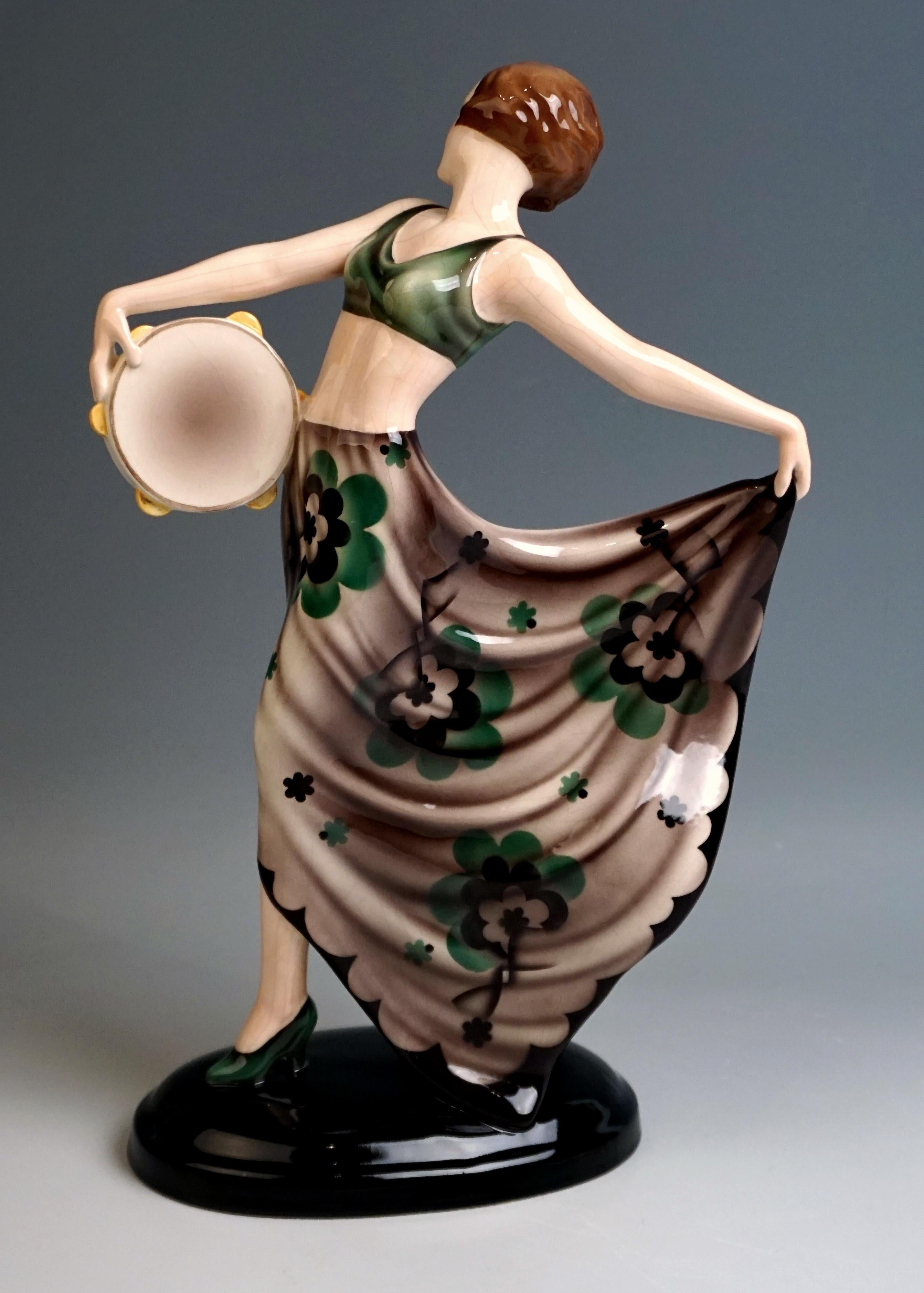 Hand-Painted Goldscheider Vienna Dancer with Tambourine 'La Jana' by Josef Lorenzl circa 1937 For Sale