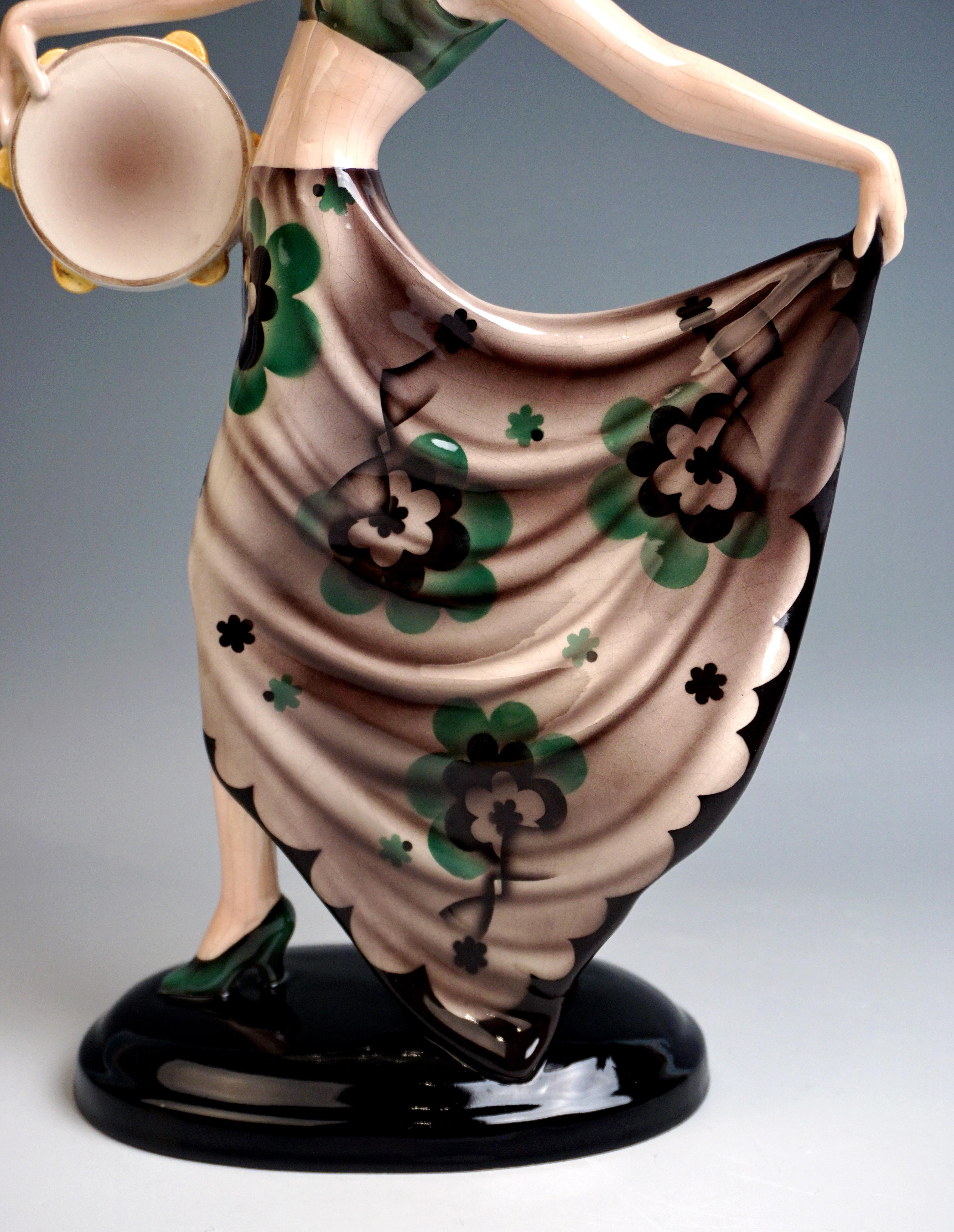 Mid-20th Century Goldscheider Vienna Dancer with Tambourine 'La Jana' by Josef Lorenzl circa 1937 For Sale