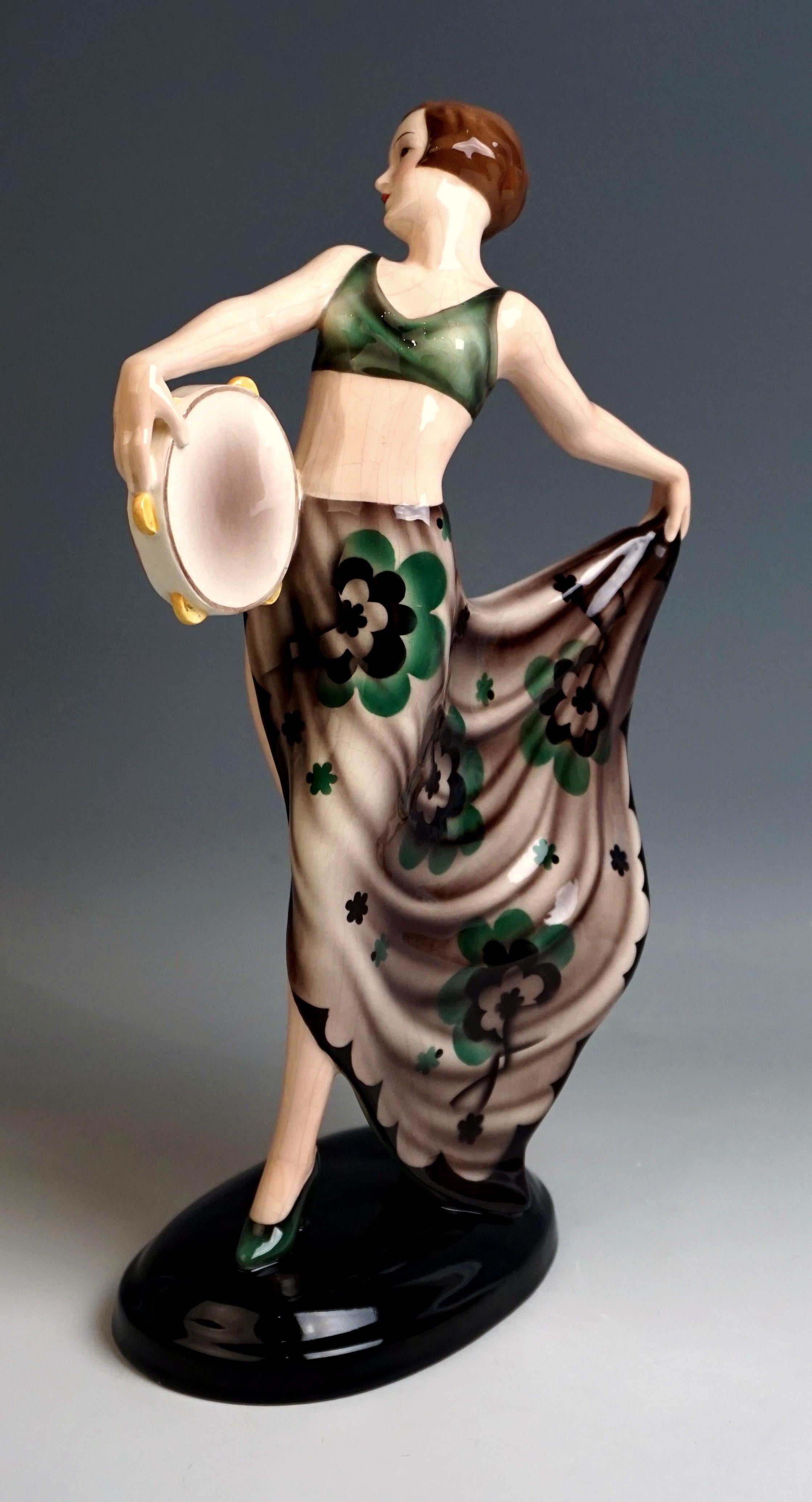 Ceramic Goldscheider Vienna Dancer with Tambourine 'La Jana' by Josef Lorenzl circa 1937 For Sale