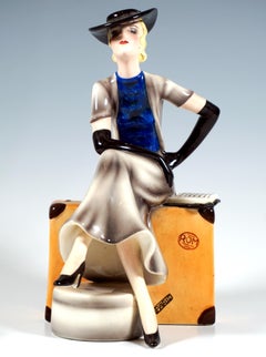 Goldscheider Vienna Elegant Lady Sitting On A Suitcase, By Stephan Dakon, C 1934