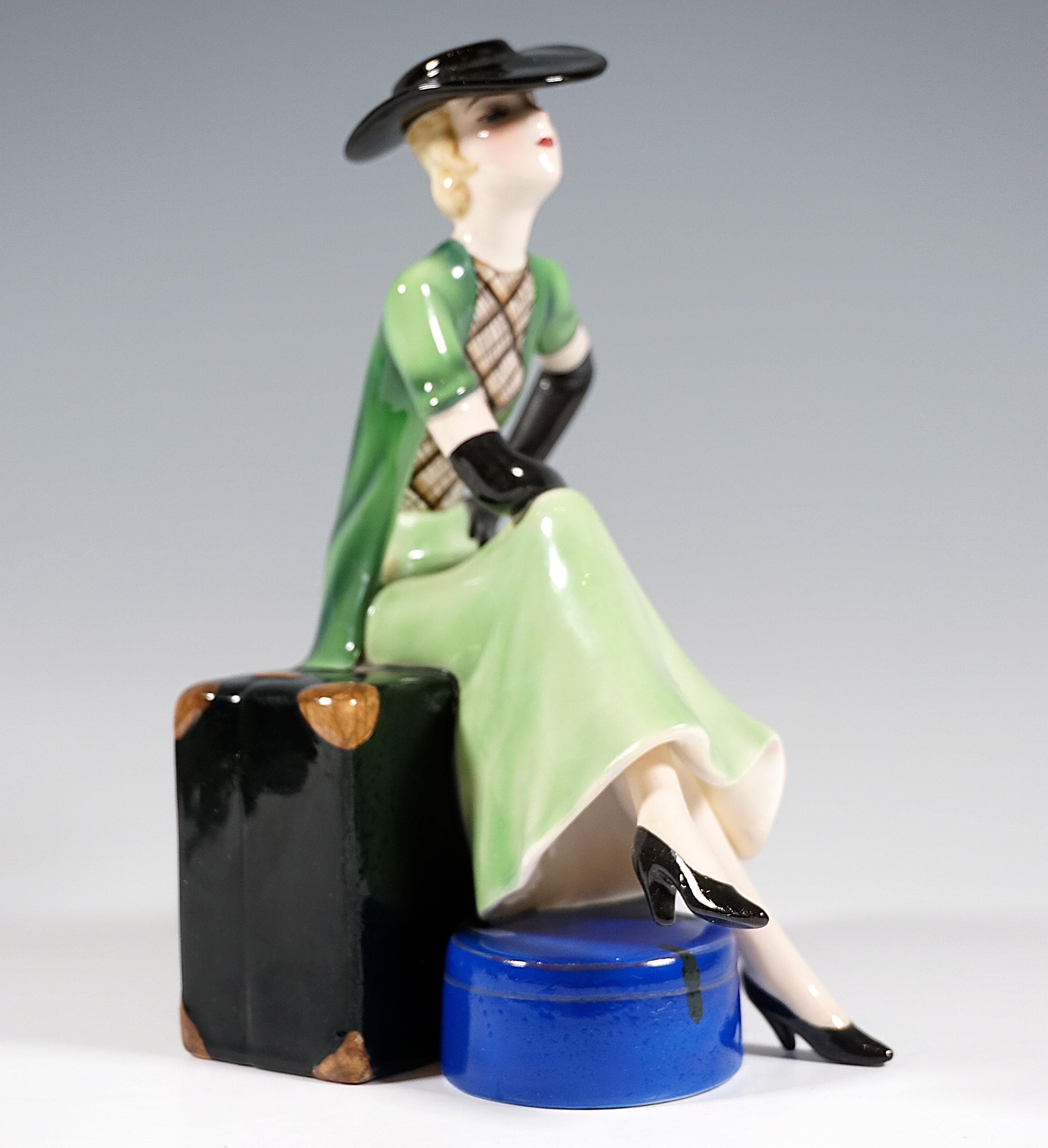 Art Deco Goldscheider Vienna Elegant Lady Sitting On A Suitcase, By Stephan Dakon, C 1934