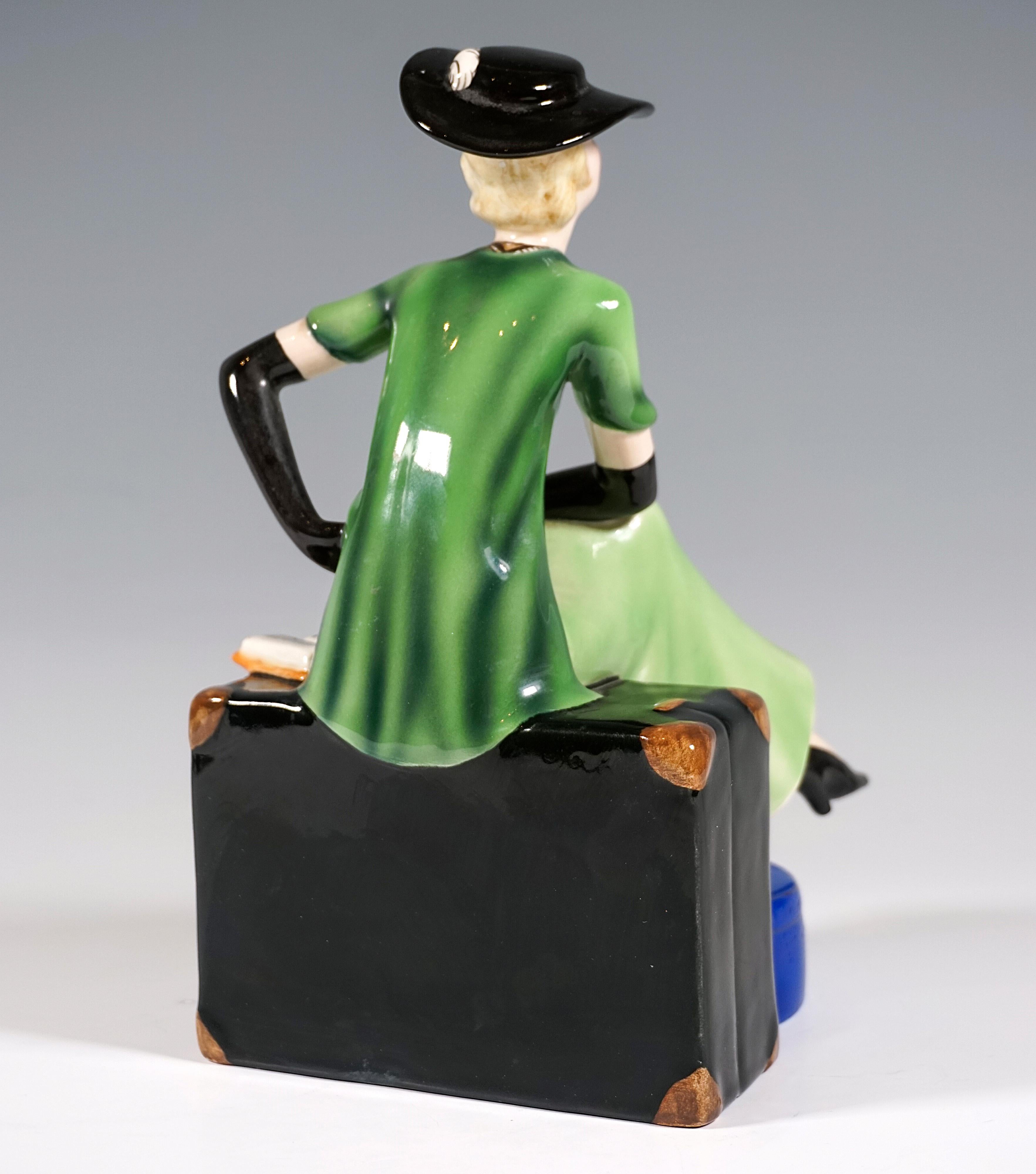 Austrian Goldscheider Vienna Elegant Lady Sitting On A Suitcase, By Stephan Dakon, C 1934