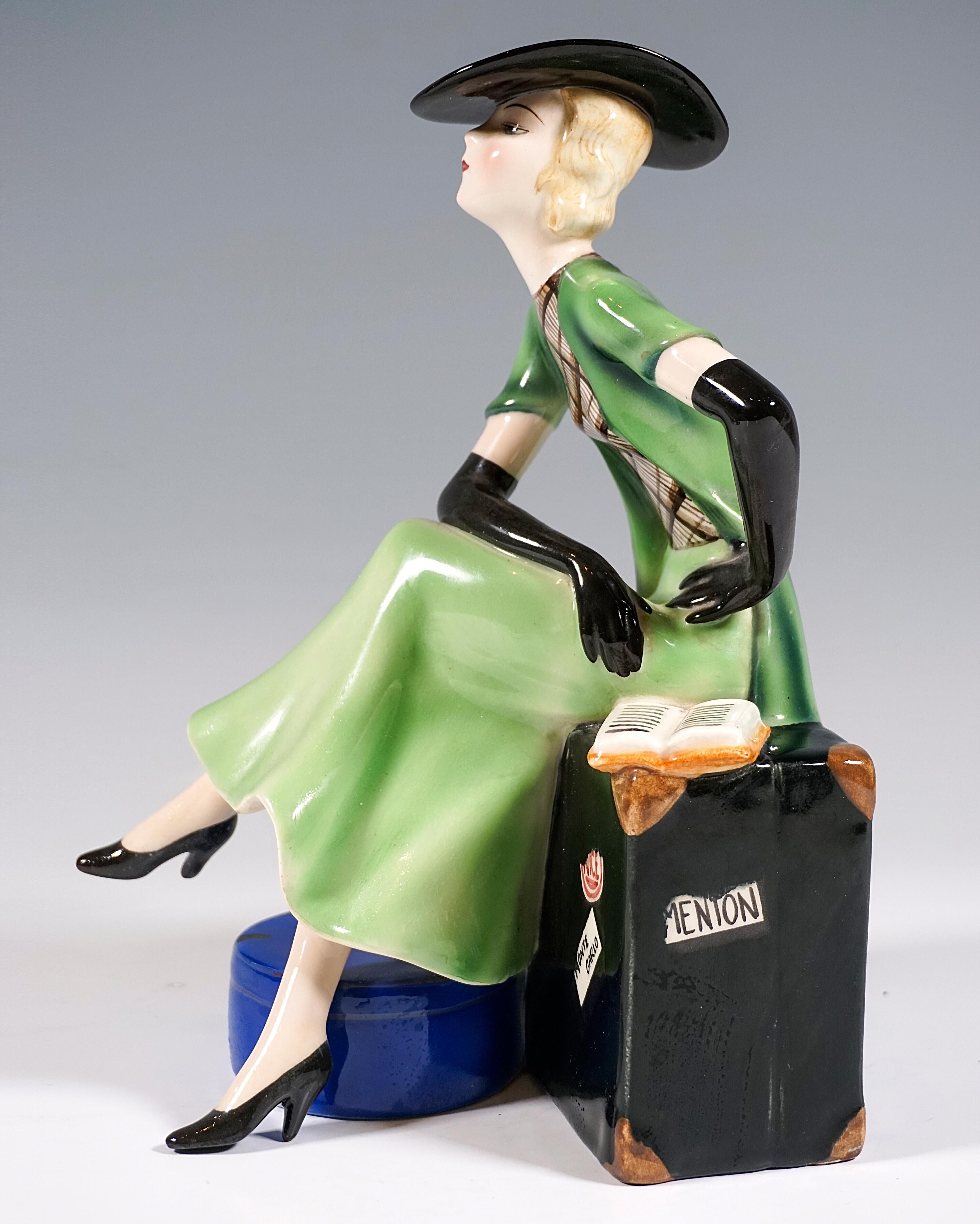 Hand-Crafted Goldscheider Vienna Elegant Lady Sitting On A Suitcase, By Stephan Dakon, C 1934