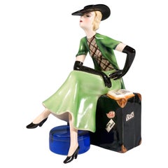 Vintage Goldscheider Vienna Elegant Lady Sitting On A Suitcase, By Stephan Dakon, C 1934