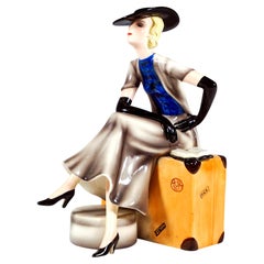 Goldscheider Vienna Elegant Lady Sitting On A Suitcase, By Stephan Dakon, C 1934