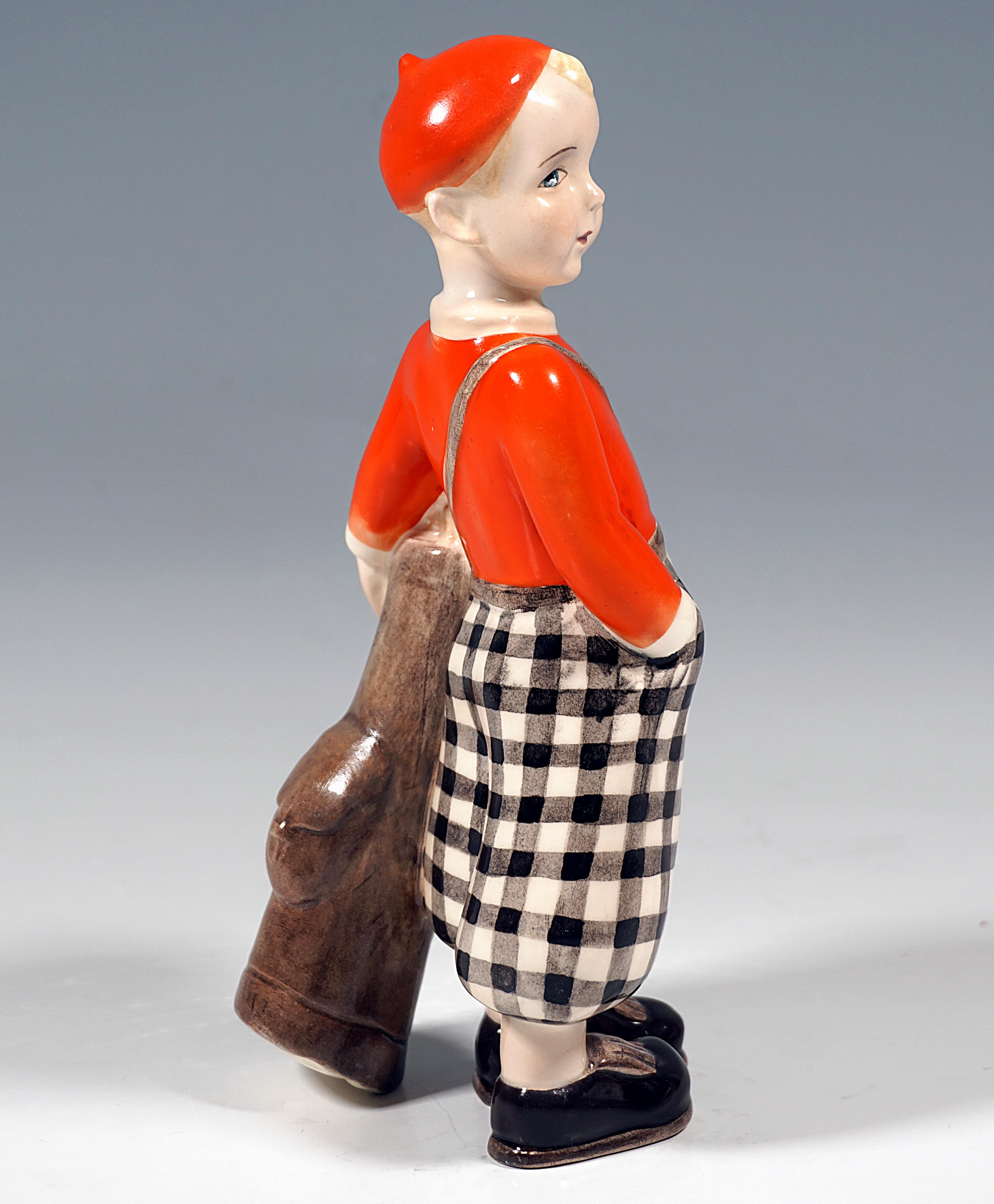Austrian Goldscheider Vienna Figure, Boy with Golf Bag, by Claire Weiss, Around 1935 For Sale