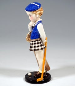 Goldscheider Vienna Figure, Girl with Golf Bag, by Stephan Dakon, Around 1937