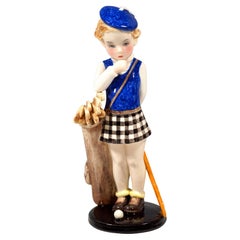 Goldscheider Vienna Figure, Girl with Golf Bag, by Stephan Dakon, Around 1937