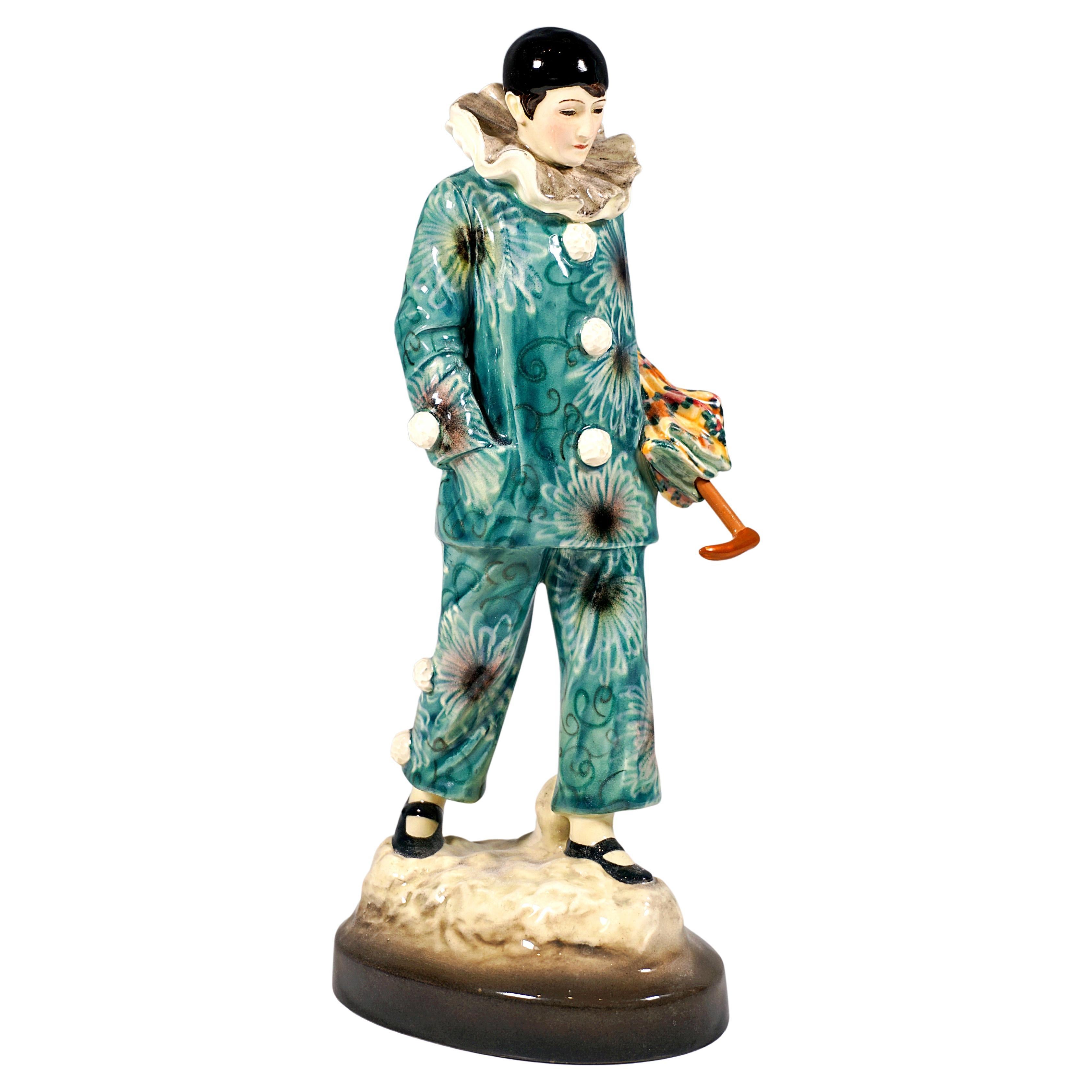 Goldscheider Vienna Figure, Harlequin with Umbrella, by B. Haniroff, circa 1922 For Sale