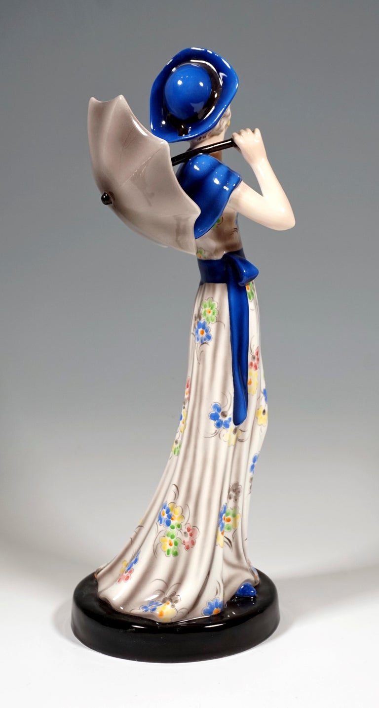 Art Deco Goldscheider Vienna Figure Lady with Hat and Parasol, by Josef Lorenzl, ca 1936 For Sale