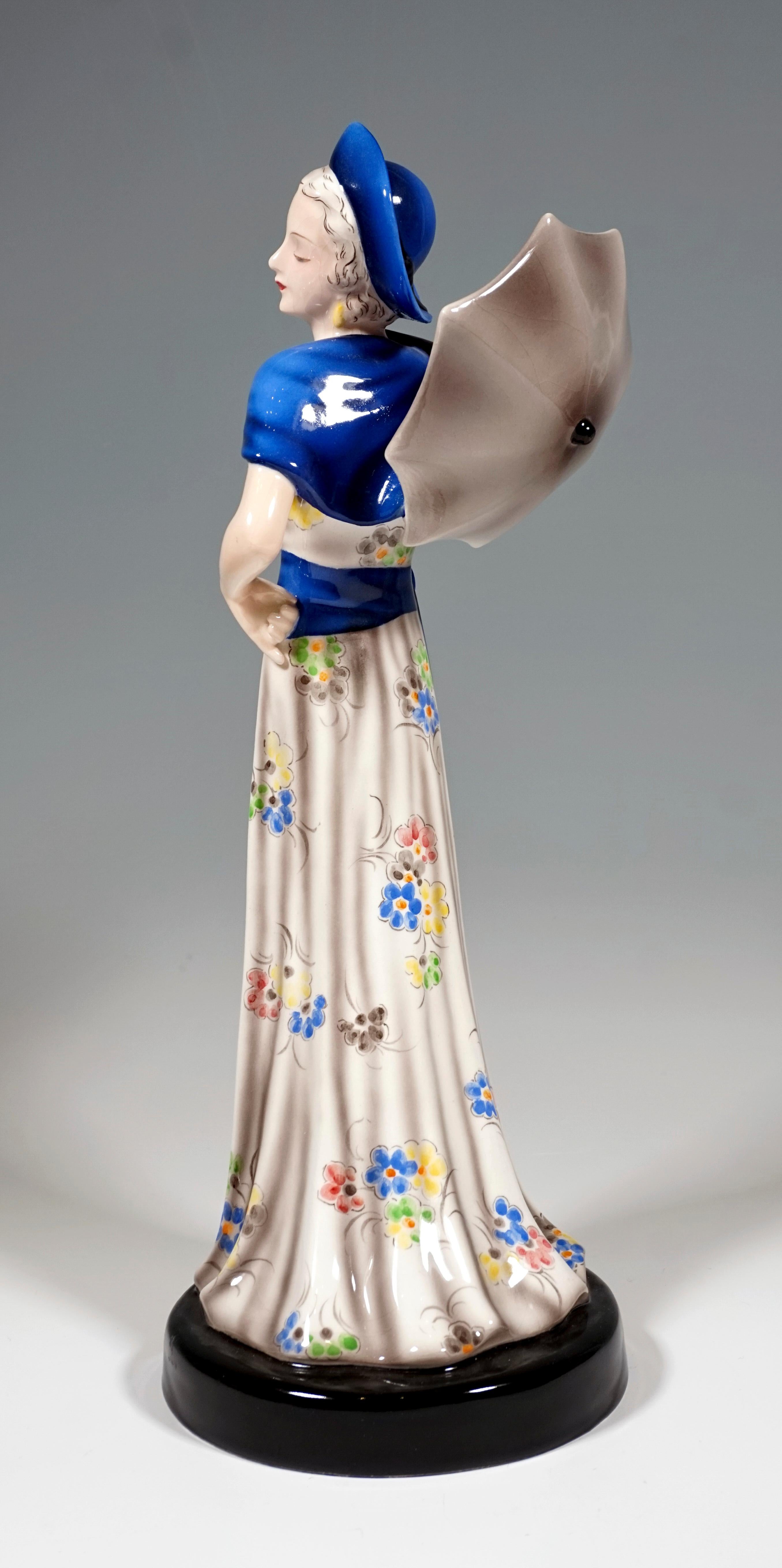 Art Deco Goldscheider Vienna Figure Lady with Hat and Parasol, by Josef Lorenzl, ca 1936 For Sale