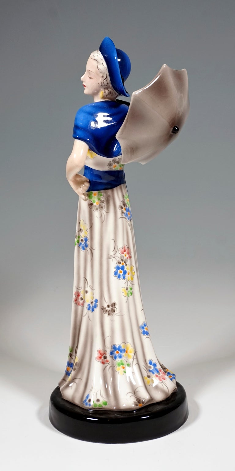 Hand-Painted Goldscheider Vienna Figure Lady with Hat and Parasol, by Josef Lorenzl, ca 1936 For Sale