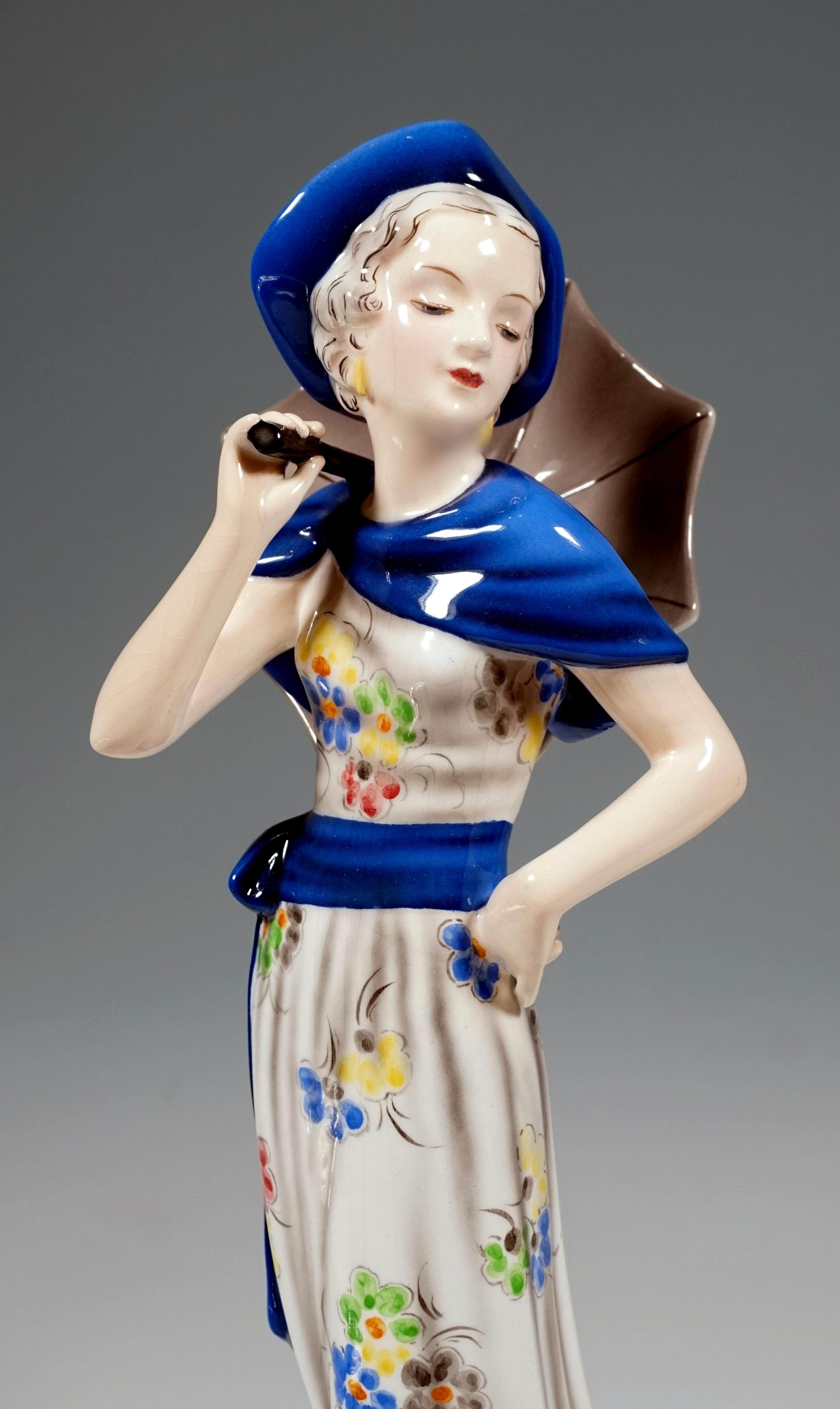Austrian Goldscheider Vienna Figure Lady with Hat and Parasol, by Josef Lorenzl, ca 1936 For Sale