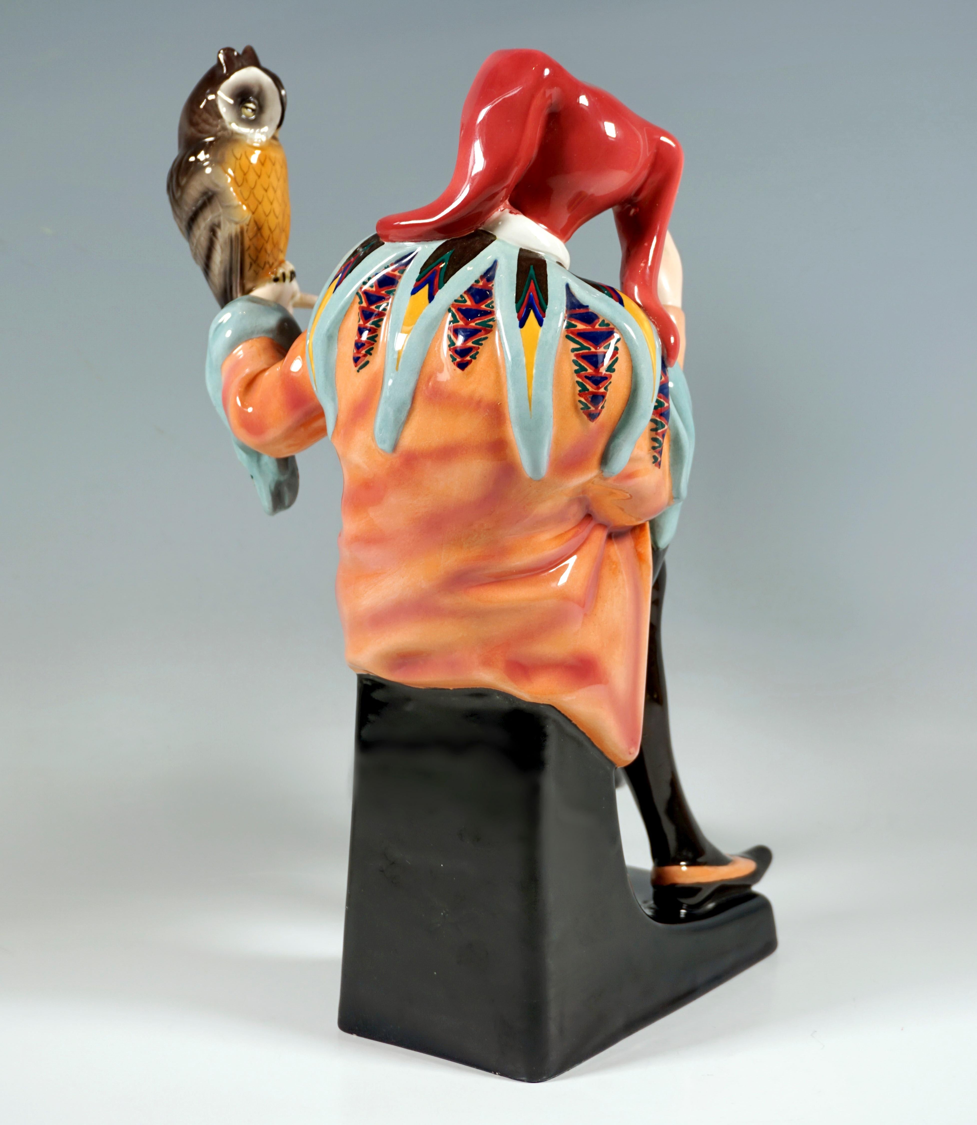 Art Deco Goldscheider Vienna Figure, 'Owlglass' Jester With Owl, by Josef Lorenzl, c 1925