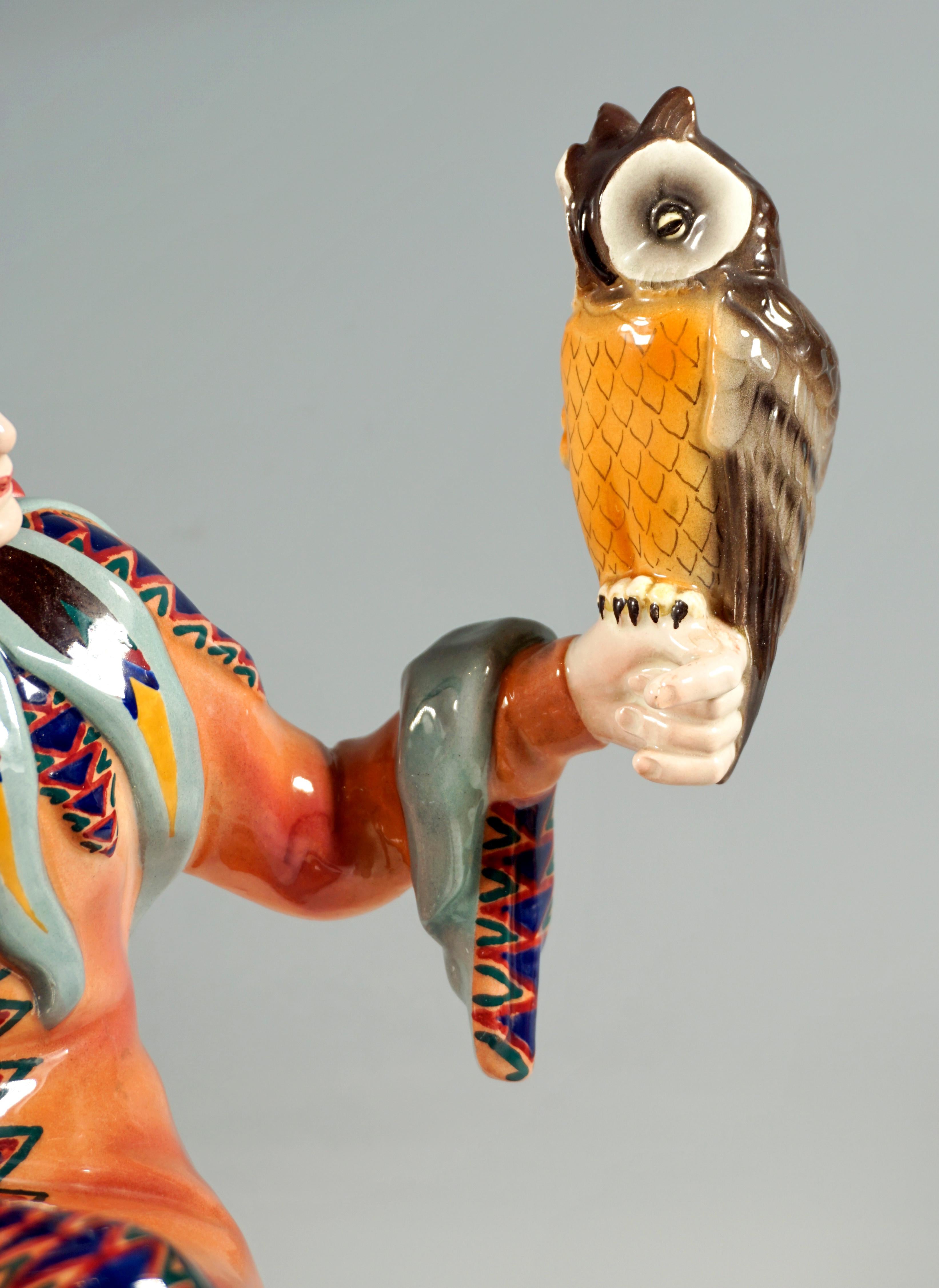 Ceramic Goldscheider Vienna Figure, 'Owlglass' Jester With Owl, by Josef Lorenzl, c 1925