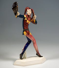 Goldscheider Wiener Figur, „Owlglass'' Jester mit Eule, von Josef Lorenzl, um 1930
