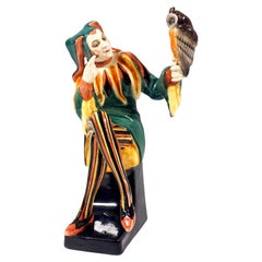 Antique Goldscheider Vienna Figure Owlglass Jester With Owl by Josef Lorenzl, ca 1925