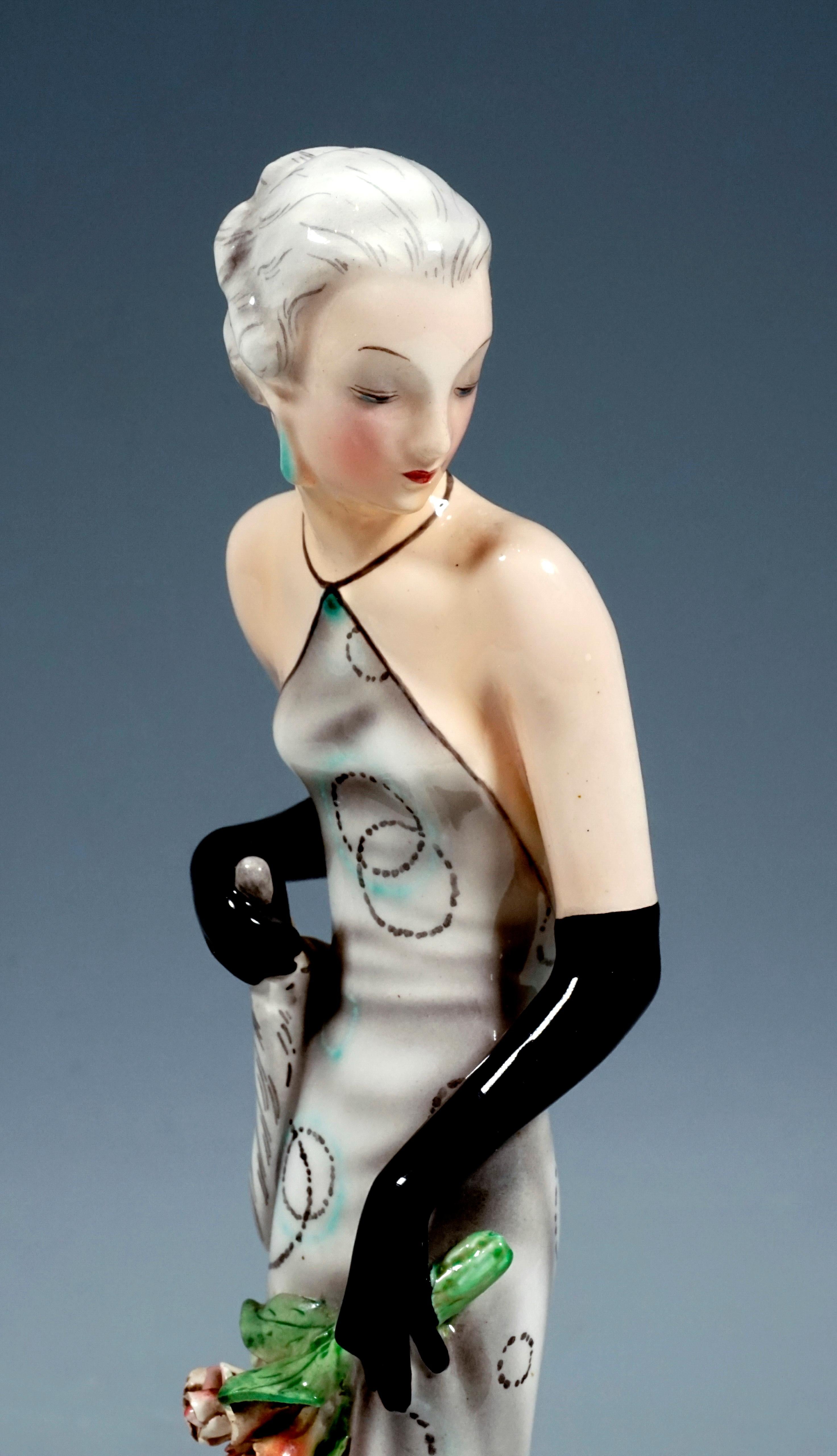Hand-Painted Goldscheider Vienna Figurine 'Eveneing Dress' by Josef Lorenzl, circa 1935